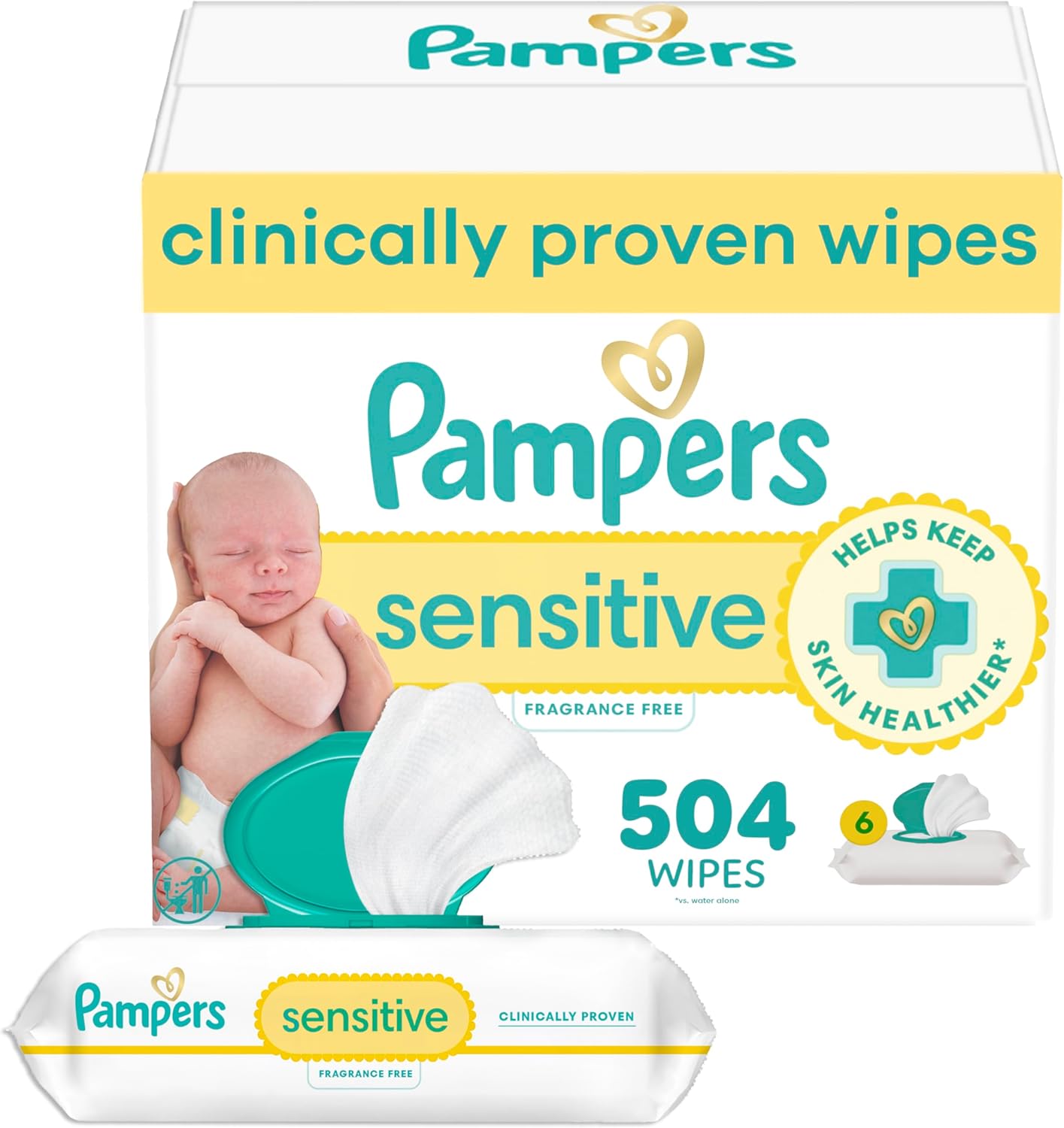 Pampers Baby Wipes Sensitive, Water Based Baby Wipes, Hypoallergenic and Unscented Baby Wipes, 504 Wipes Total (6 Flip-Top Packs)