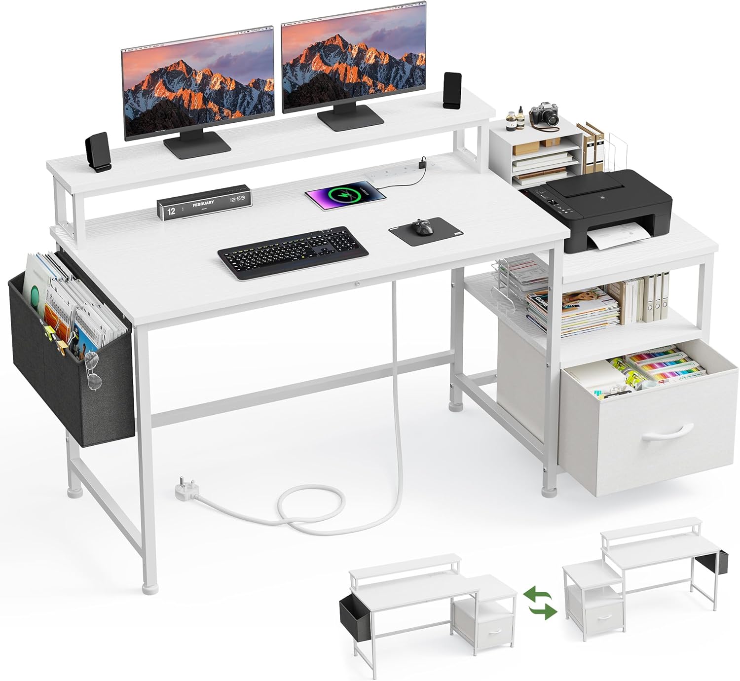 EnHomee Gaming Desk-140x50CM White Corner Computer Desk with Fabric Drawers, Sturdy Home Office Desk with Charging Port & Power Outlet & Monitor Shelf, Reversible L Shaped Gaming Desk for Study
