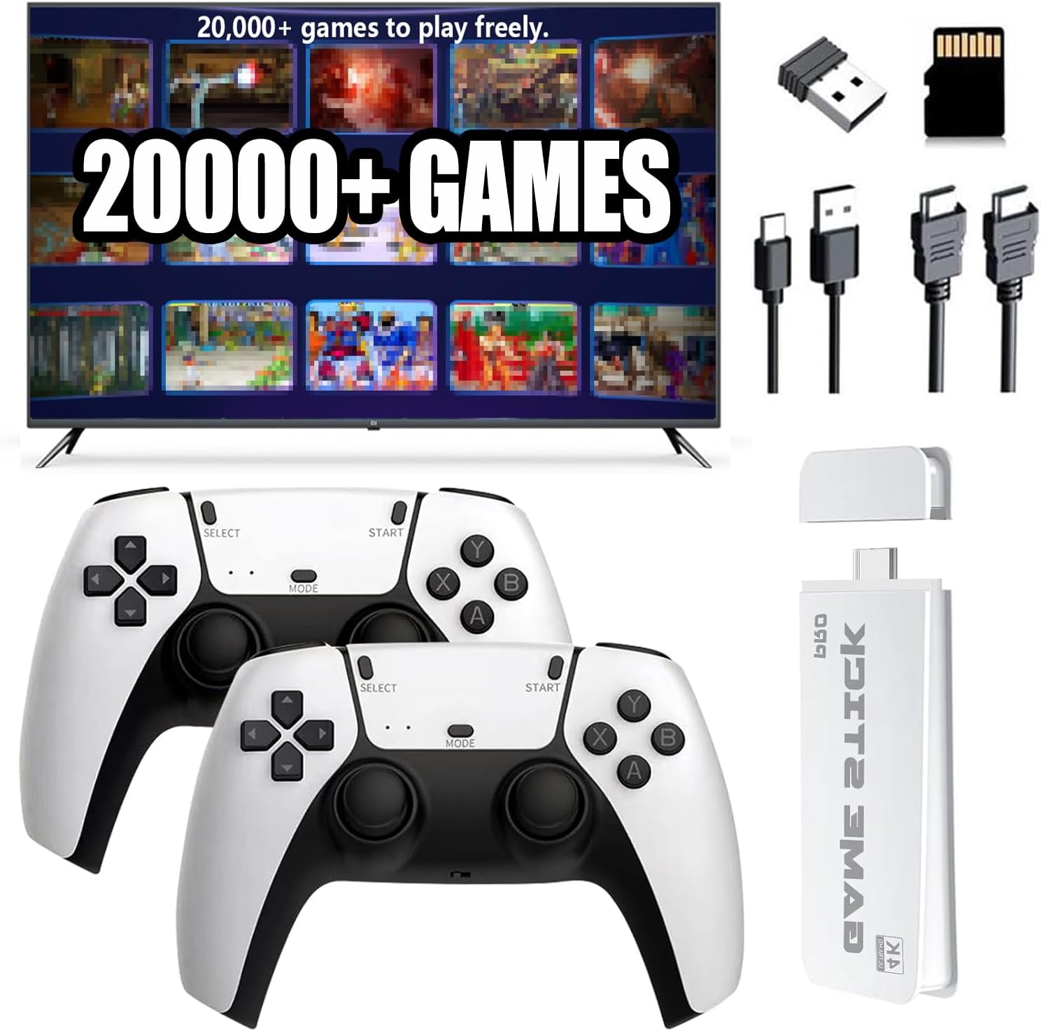 ScriMemo Retro Game Console, Retro Game Stick, Upgraded Plug and Play Video Game Console Built-in 21000 Games, Dual 2.4G Wireless Controllers, HDMI Output, Gift for Kids/Adults