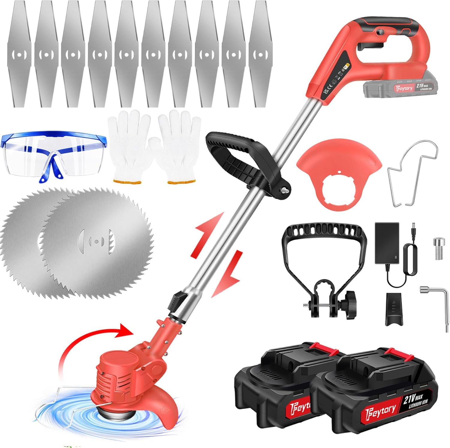 Cordless Strimmer With 2 Battery And Charger - 21V Telescopic Lightweight Grass Trimmer Battery Grass Trimmer With 10 x Metal Blades & 2x Circular Saw Blade, 24cm Cutting Width Garden Lawn Trimmer