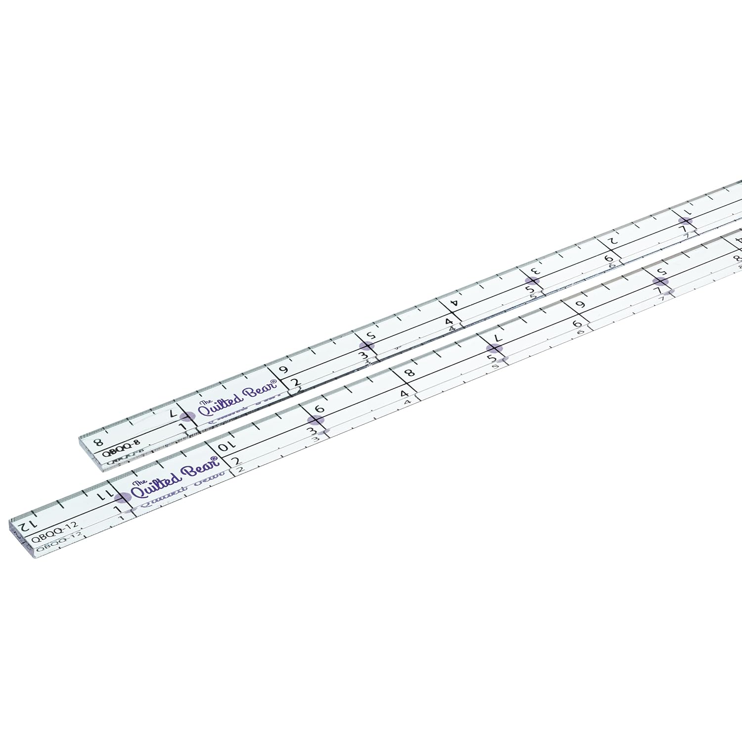 The Quilted Bear Quilter's Quarter Multipack - Transparent Acrylic Non Slip Quarter Inch Quilting, Patchwork & Sewing Ruler with ¼, ½, and 1" Markings (8 inch & 12 inch)