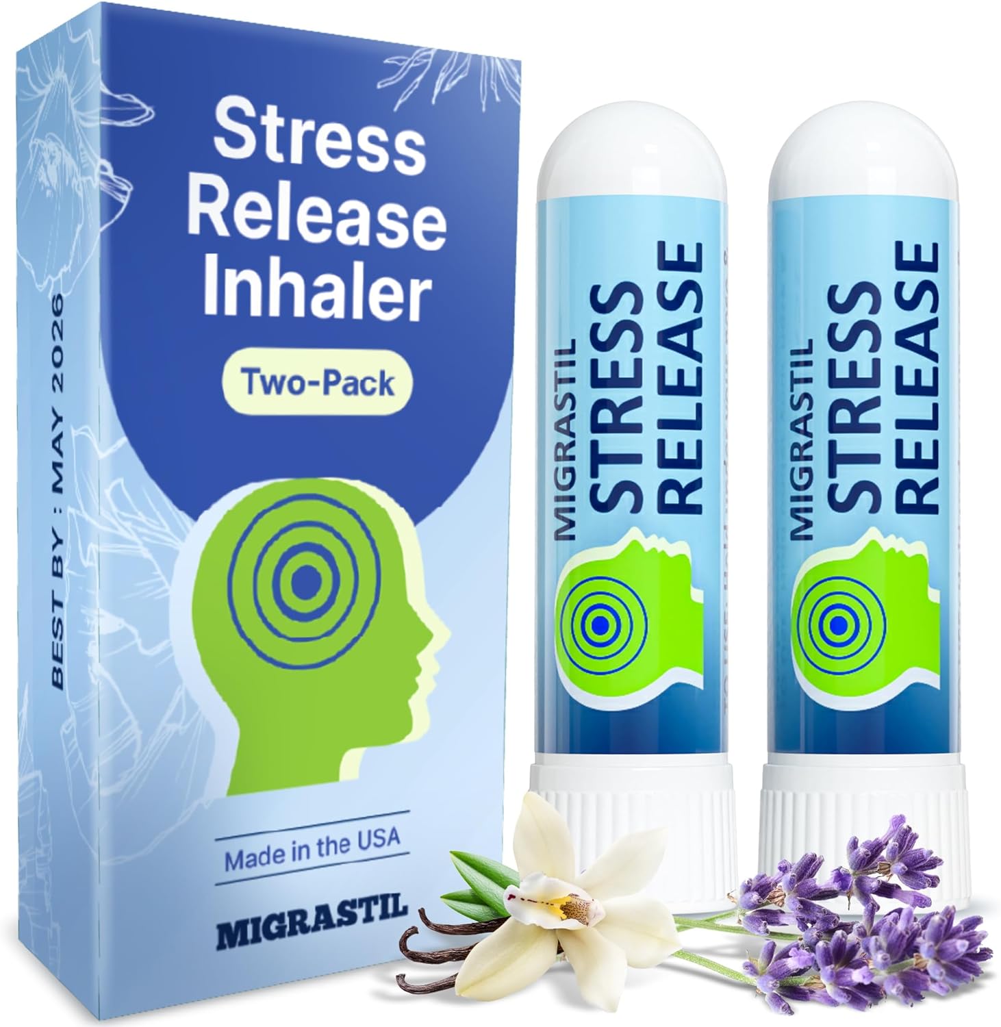 Migrastil Stress Release Inhaler 2-Pack, Calm Aromatherapy Formula, Natural Stress Relief with Peru Balsam and Other Essential Oils. Made in The USA.