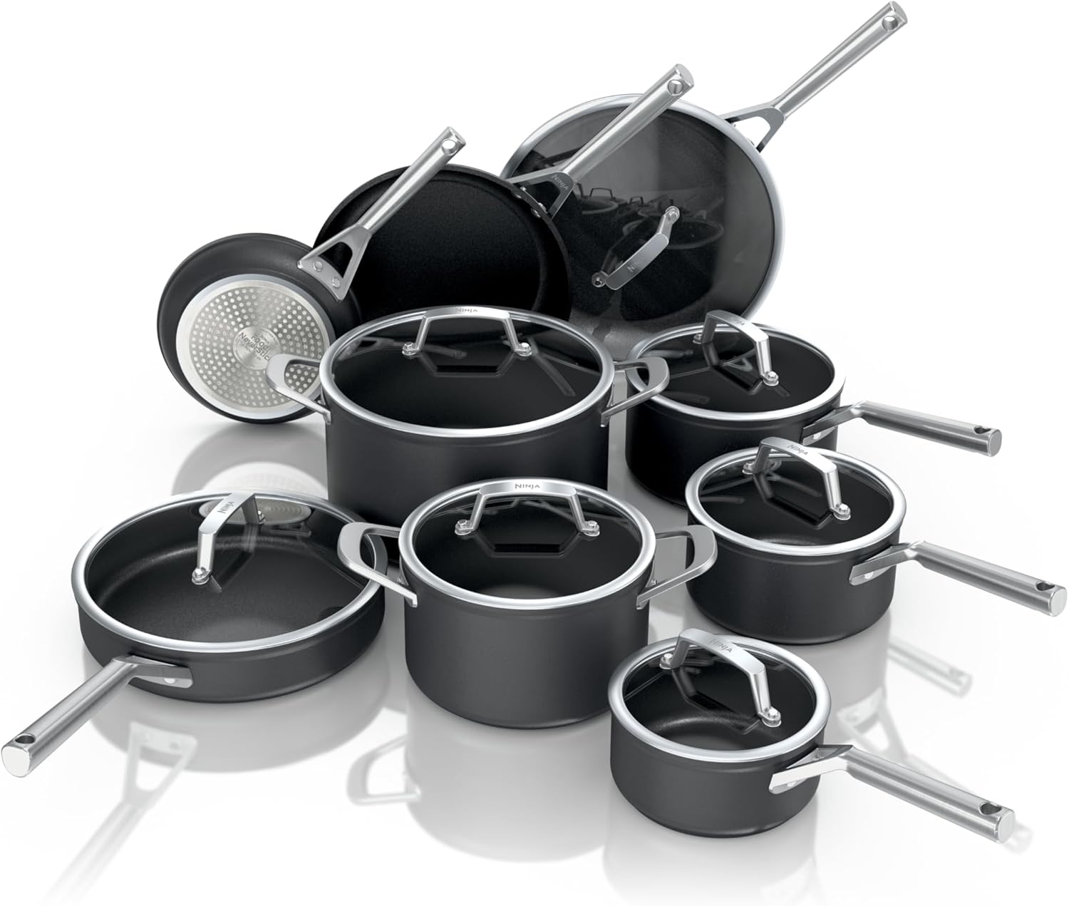 Ninja Cookware, Ninja NeverStick Professional, 16-Piece Pots and Pans Set, Non Stick Frying Pans, Kitchen Essentials, Stock Pot, Sauce Pan, Glass Lids, Saute Pan, All Stovetops, Black, C39900