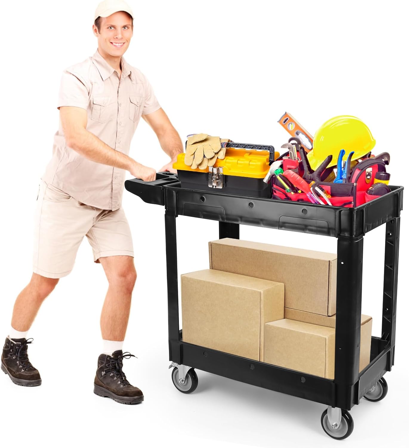 500lbs Heavy Duty Utility Cart on Wheels, Kalolary 2 Tier Extra Capacity Rolling Trolley Cart Multi-Purpose Large Service Cart with Handle Black Storage Organizer Mobile Tool for Warehouse