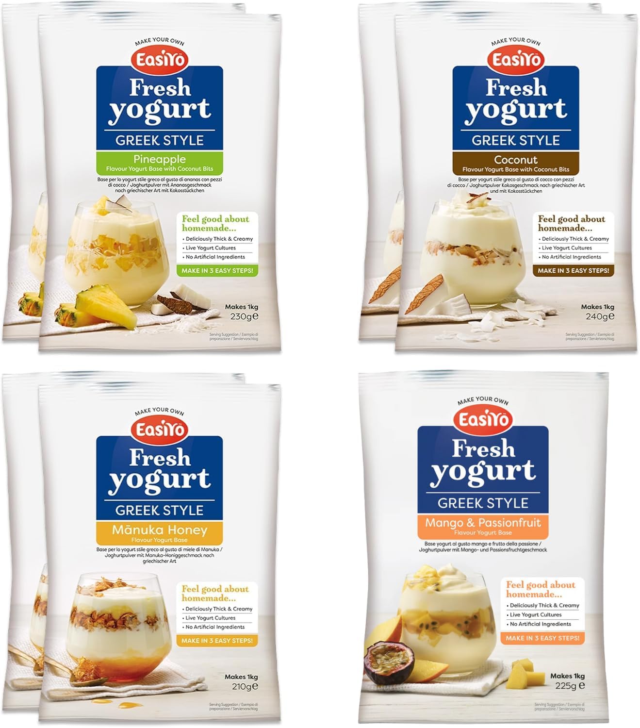 EasiYo Yogurt 7 Sachet Pack | EasiYo Greek Style Pack | 2 x G/S Coconut & Bits 2 x G/S Pineapple and Coconut Bits 2x G/S Manuka Honey 1x G/S Mango & Coco nut Bits | Each Sachet Makes 1kg of Yogurt