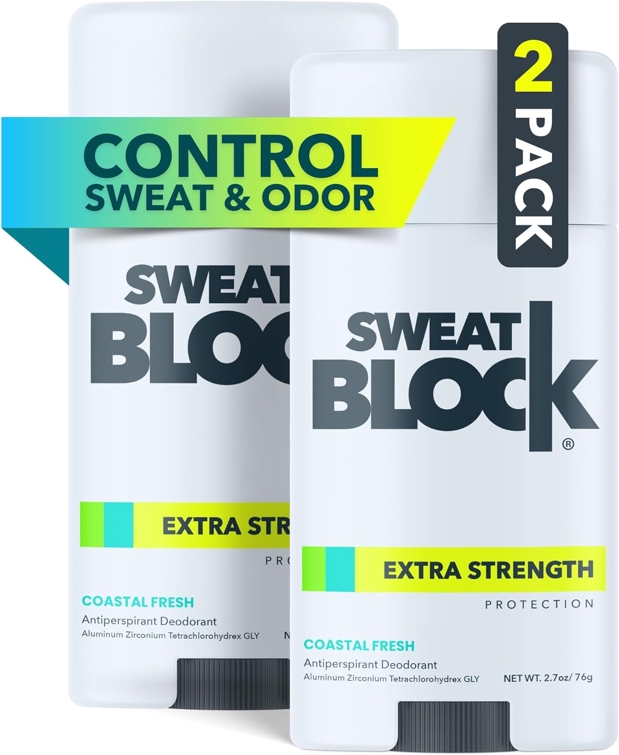 SweatBlock Deodorant Antiperspirant for Women & Men - 24-Hour High Degree Sweat & Odor Protection - Non-Irritating Smooth Glide - Coastal Fresh Scent (2 Pack)