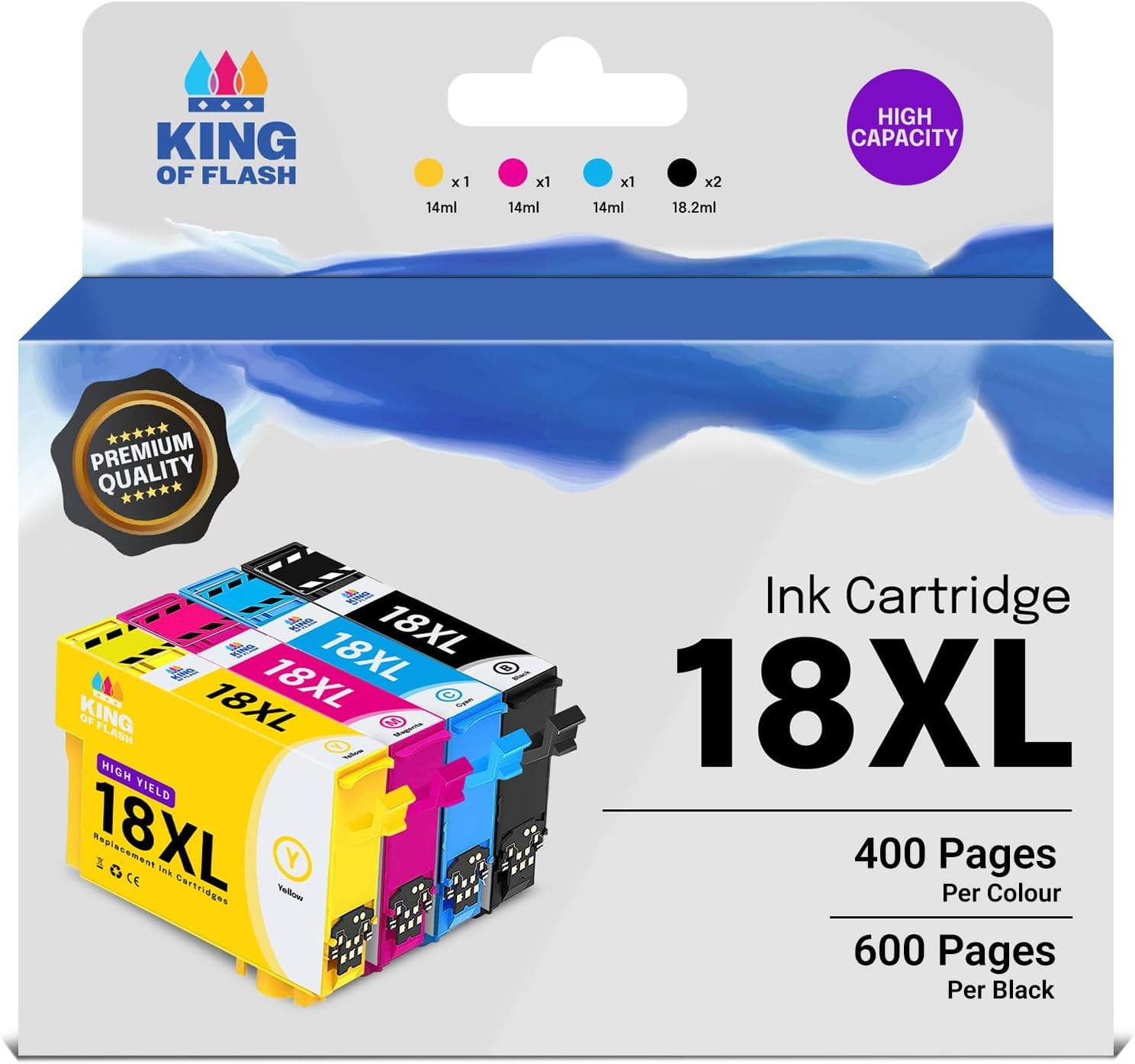 KING OF FLASH Replacement for Epson 18 18XL Ink Cartridges Compatible for Epson Expression Home XP-425 XP-422 XP-415 XP-412 XP-325 XP-322 XP-315 XP-312 XP-225 XP-215 XP-212 XP-405 (1 Set)