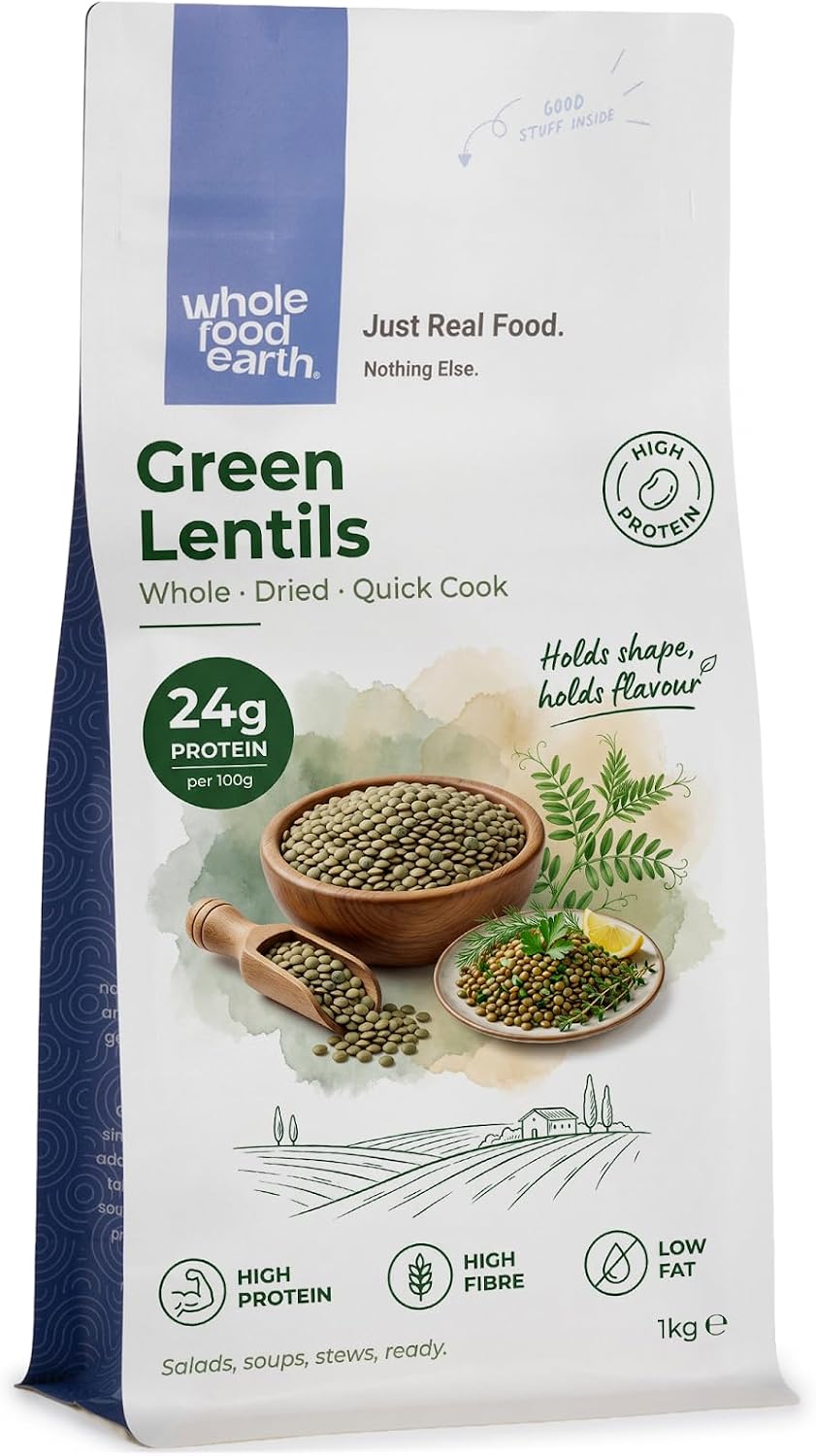 Wholefood Earth Green Lentils 1 kg | GMO Free | Natural | High Fibre | High Protein