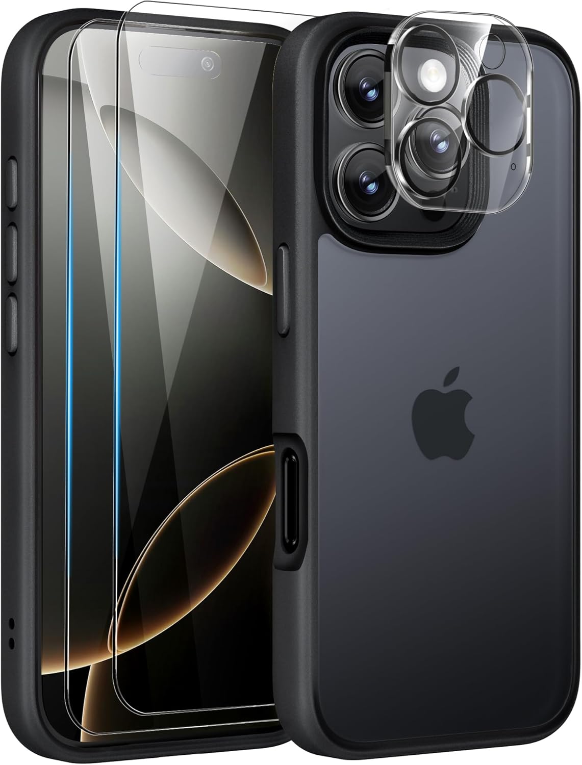 Mootobo for iPhone 16 Pro Case, 4 in 1 Phone Case with 2*Screen Protector + 1*Lens Protector, 10FT Military Grade Drop Protection case with Anti-Fingerprint Matte Back 6.3 inch - Black