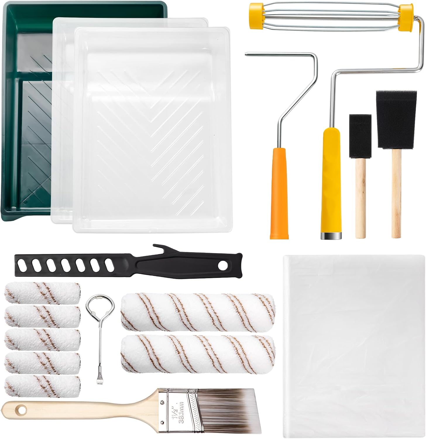 Mister Rui-18pcs Paint Roller Set, 9" 4" Paint Roller and Brush Set, Max and Mini Paint Roller Set for Wall Painting and Decorating, Roller Tray, Sponge Brush, Dust Sheet, Can Opener, Stirrer