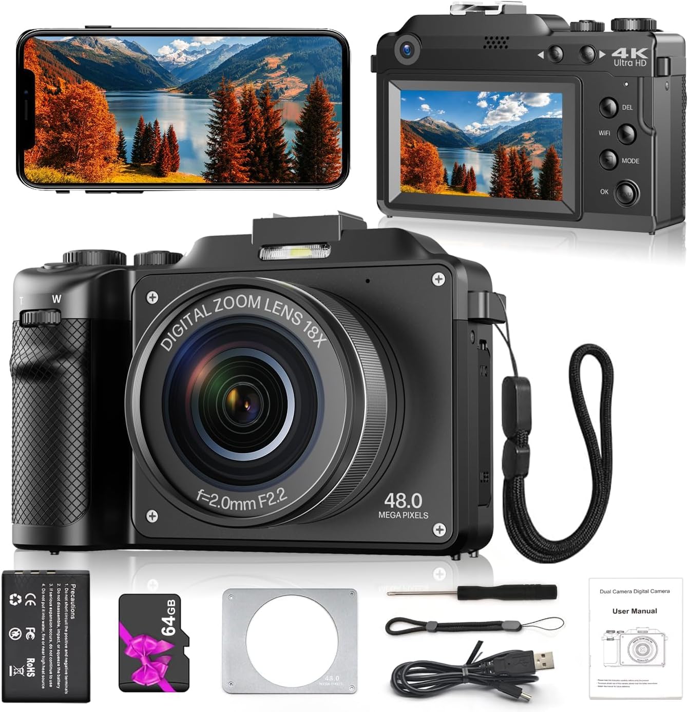 Digitai 4K Compact Camera for Photography, 48MP Vlogging Camera with Wi-Fi and Free 64GB SD Card, 18x Digital Zoom, Dual Lens Selfie Function (Black)