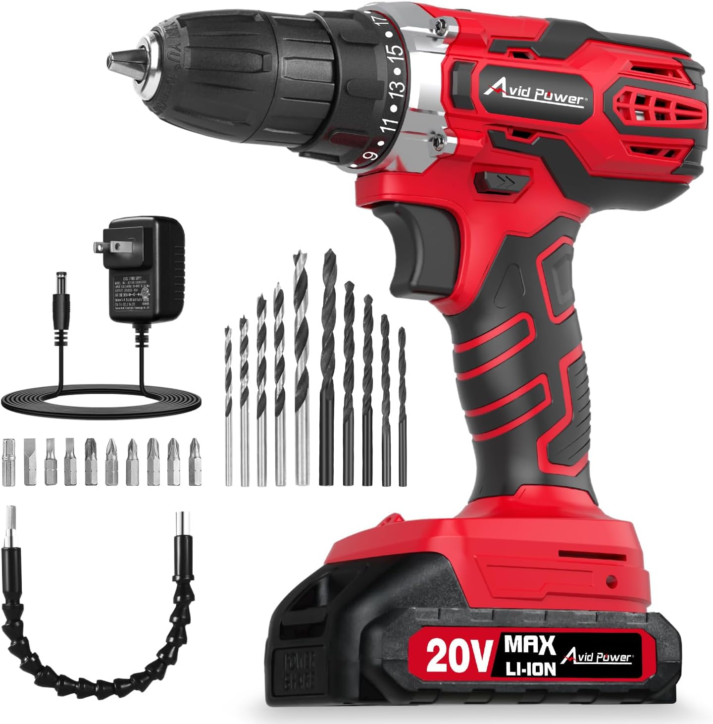 AVID POWER 20V MAX Power Drill Kit, Cordless Drill Set with Battery and Charger, 2 Variable Speed, 3/8-Inch Keyless Chuck, 19 Position and 22pcs Bits