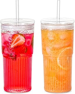 Glass Cups With Lids and Glass Straws，20 OZ High Borosilicate Glass Tumbler Iced Coffee Water Smoothie…