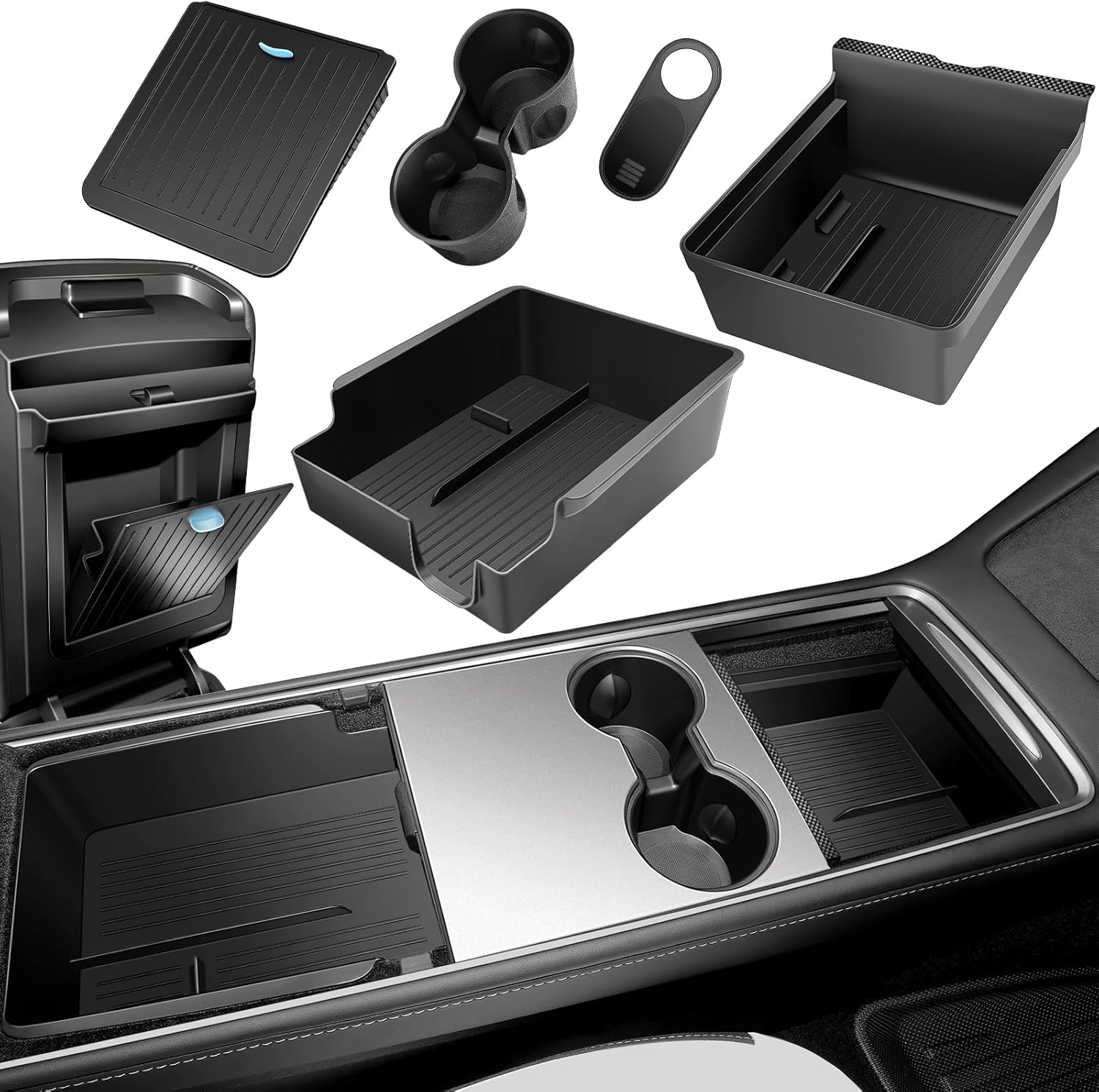 5Pcs Center Console Organizer Tray Compatible for Tesla Model Y Accessories 2024 2023-2021 Armrest Hidden Drawer Storage Box Cup Holder (Not Compatible for Model 3 2024)