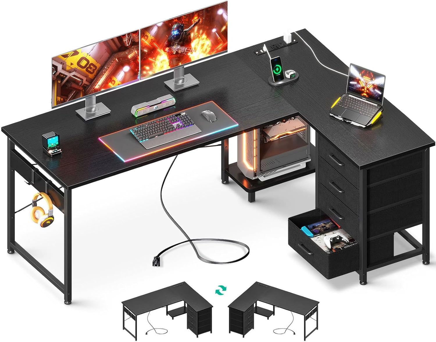 AODK L Shaped Gaming Desk with 4 Drawers, 61" Reversible Home Office Desks with Power Outlets, L Shaped Computer Desk with USB Charging Port and Host Stand, Corner Desk, Easy to Assemble, Black