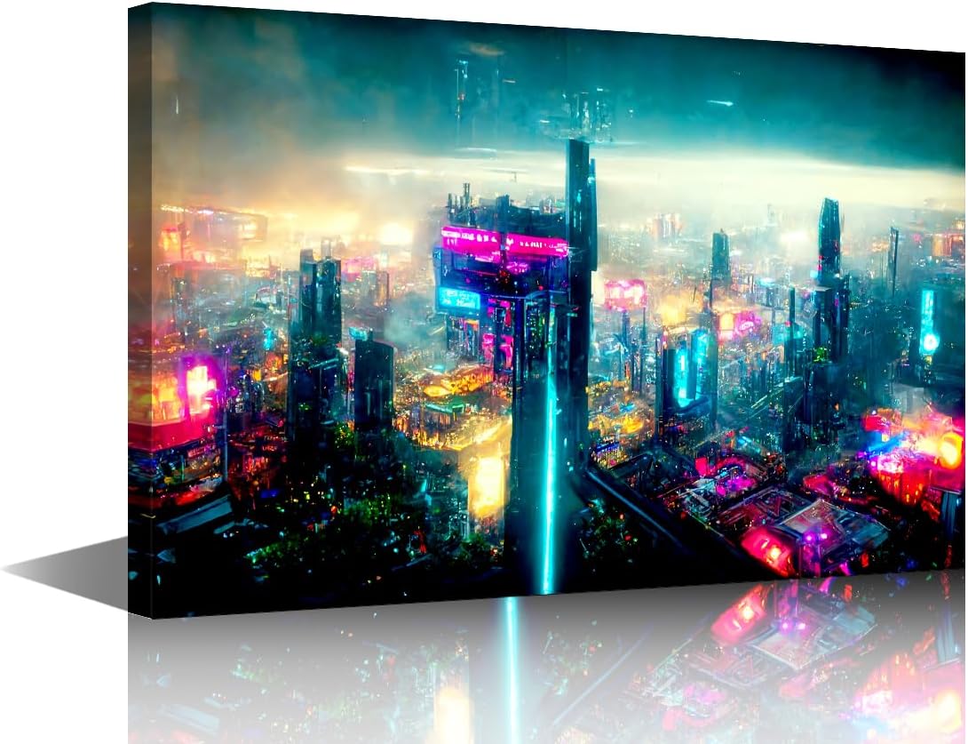 Cyberpunk Bar Decor City Night Neon Streetview Paintings Future City Pictures Modern Artwork 1 Piece Canvas Wall Art Bedroom House Decor Framed Posters and Prints Ready to Hang 18x12 in