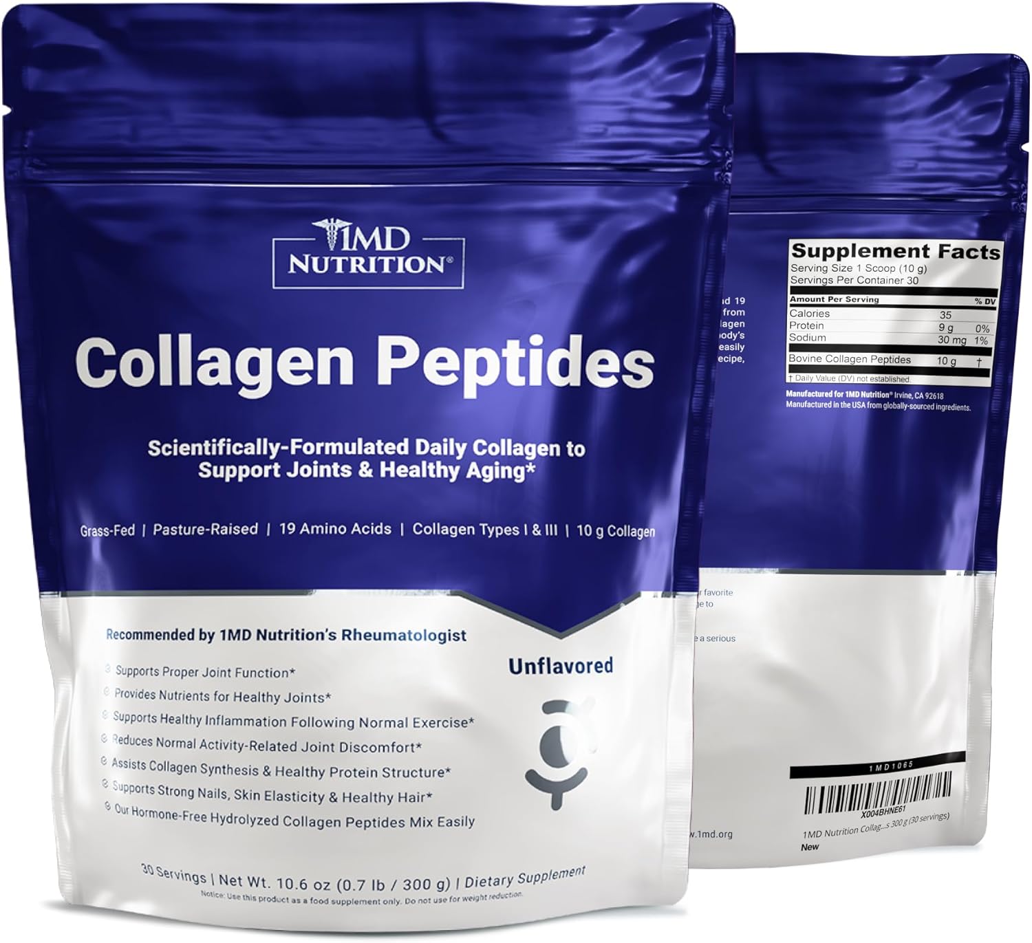 1MD Nutrition Collagen Peptides - Hydrolyzed Collagen Powder Types I & III for Women & Men - Joint, Hair & Nail Support - Unflavored - 30 Servings