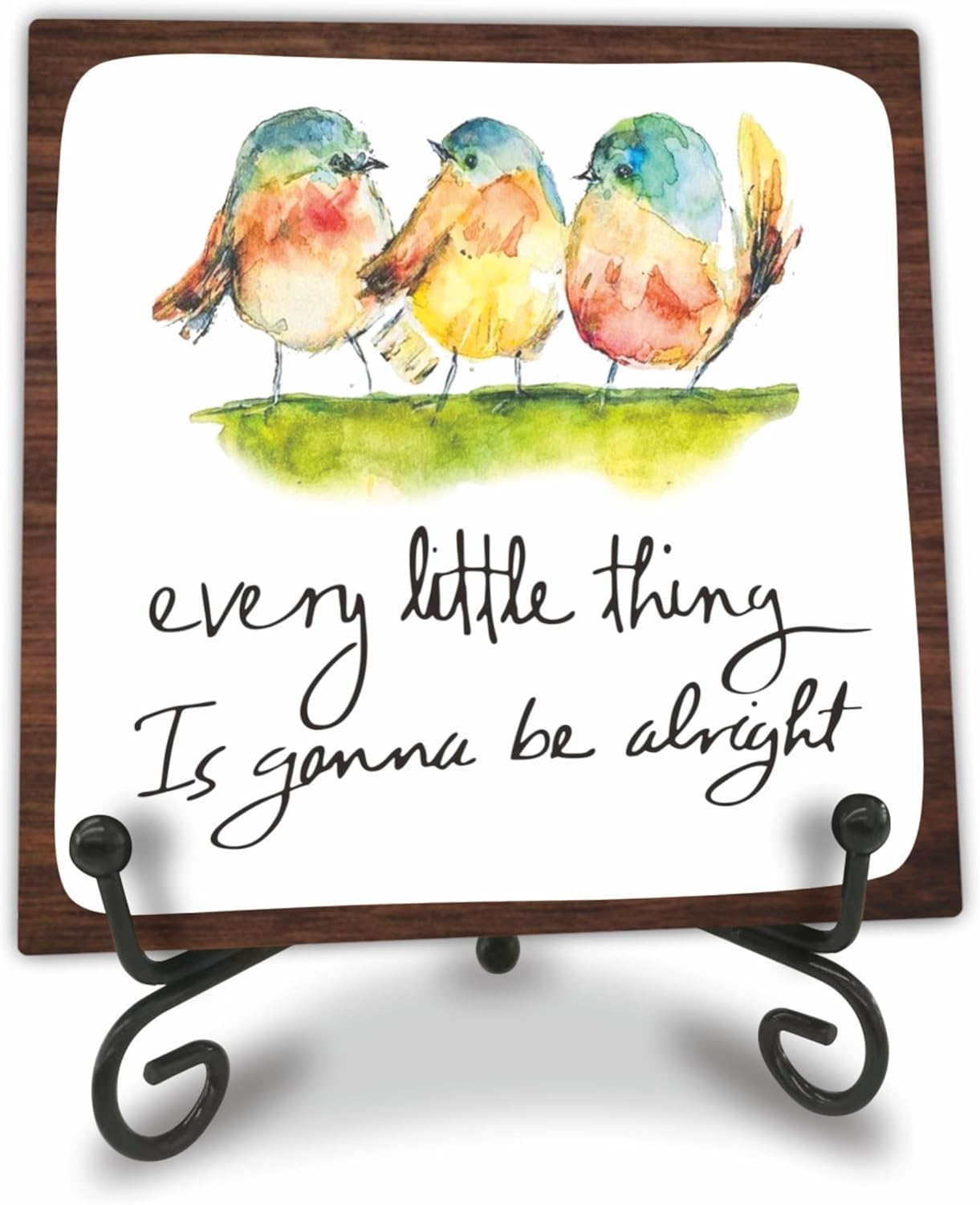 4" Wooden Sign With A Metal Support - Every Little Thing Is Gonna Be Alright - Watercolor Adorable Birds, Positive Quotes Wooden Plaque Desk Decor, Uplifting Gifts, Home Decorations & Gifts - A20