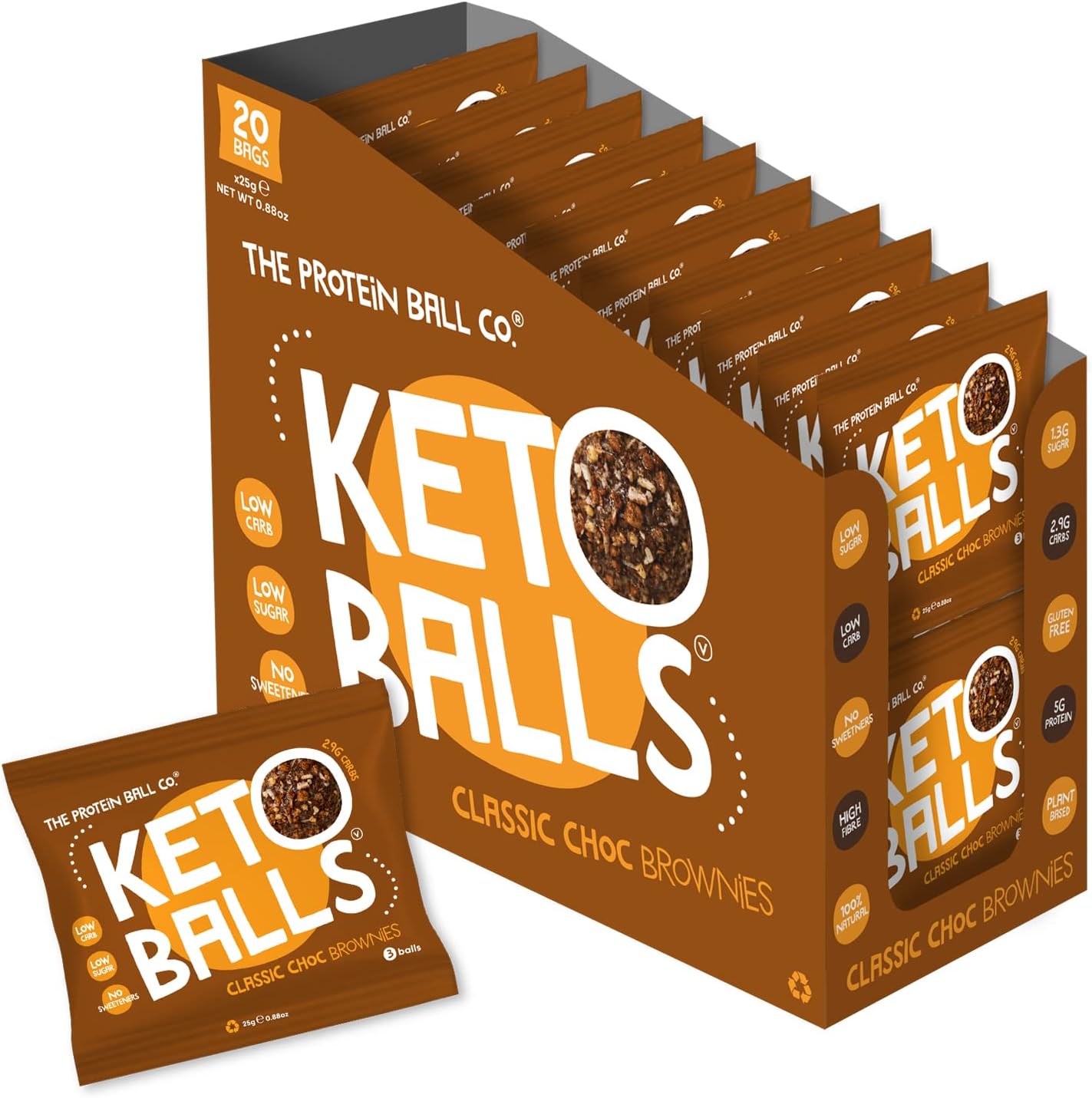 The Protein Ball Co Keto Snacks - Bite-Size Keto Treats - 100% Natural, Low Carb, Low Sugar, High Fibre Sweet Treats - Plant-Based & Gluten Free - Classic Choc Brownie, Pack of 20 x 25g