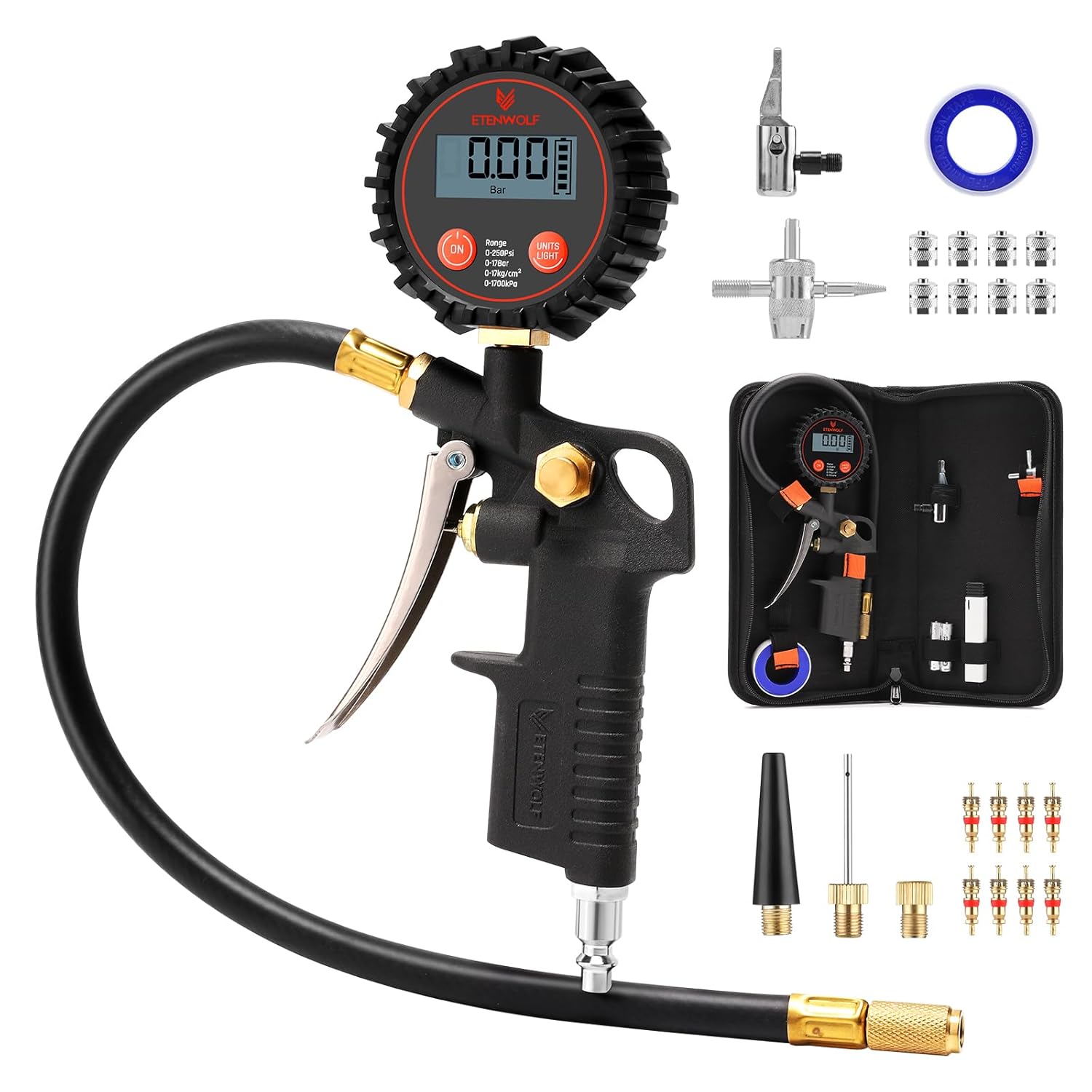 T500 Digital Tire Pressure Gauge with Inflator, Tire Gauge 0-250 PSI, Calibrated to ANSI B40.7 Grade 2A, Air Chuck & Compressor Accessories with Storage Bag, Black