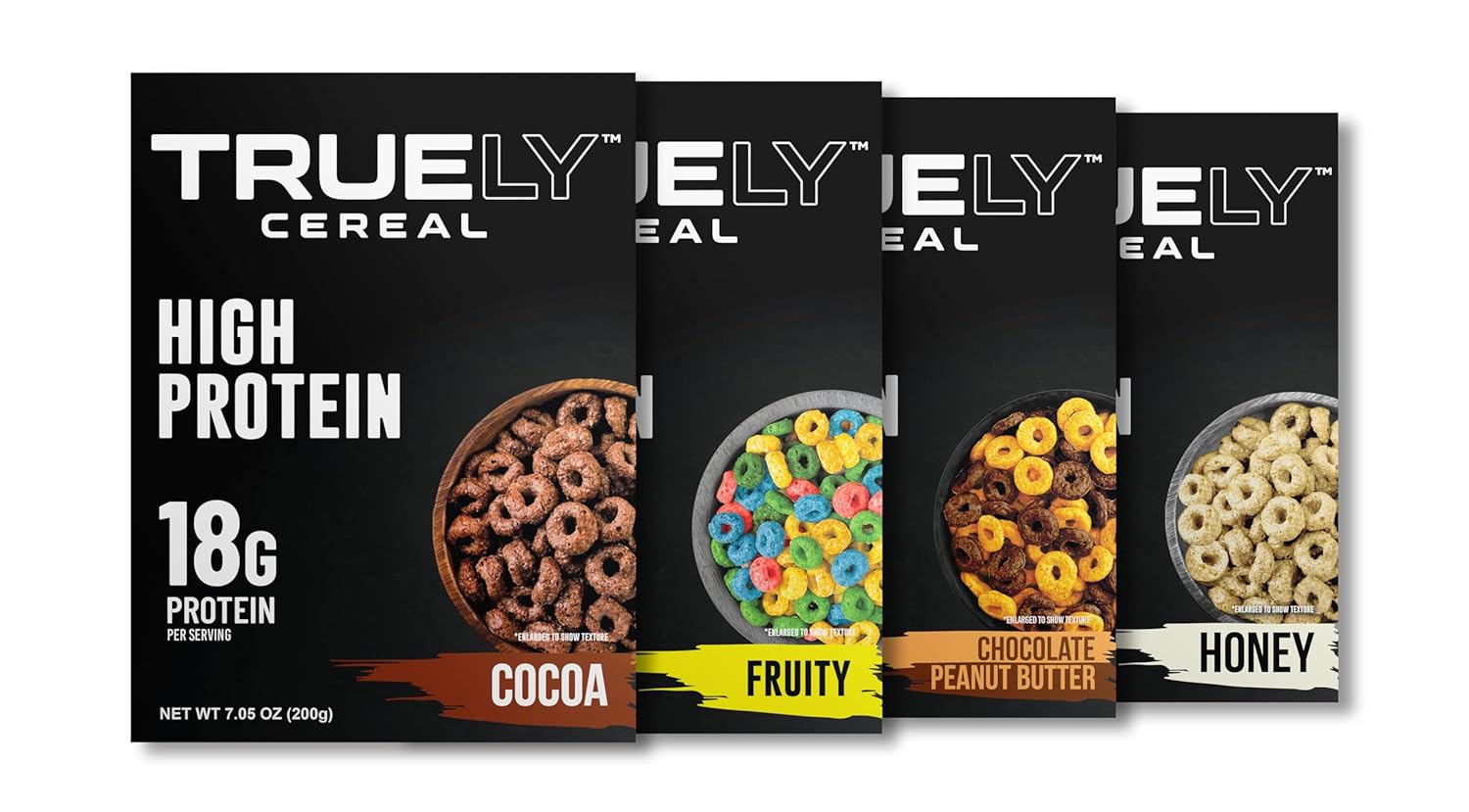 TRUELY Protein Cereal – Variety Cocoa, Fruity, Chocolate Peanut Butter, Honey Flavors | 18 g Protein, 4 g Sugar | 4 × 7.05 oz