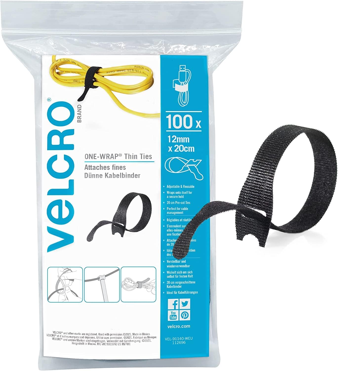 VELCRO Brand | ONE-WRAP | Reusable Thin Ties | Multi-Purpose Ties Perfect Desk Accessories for Cable Management & Home Improvement | Black | 12mm x 20cm | Pack of 100