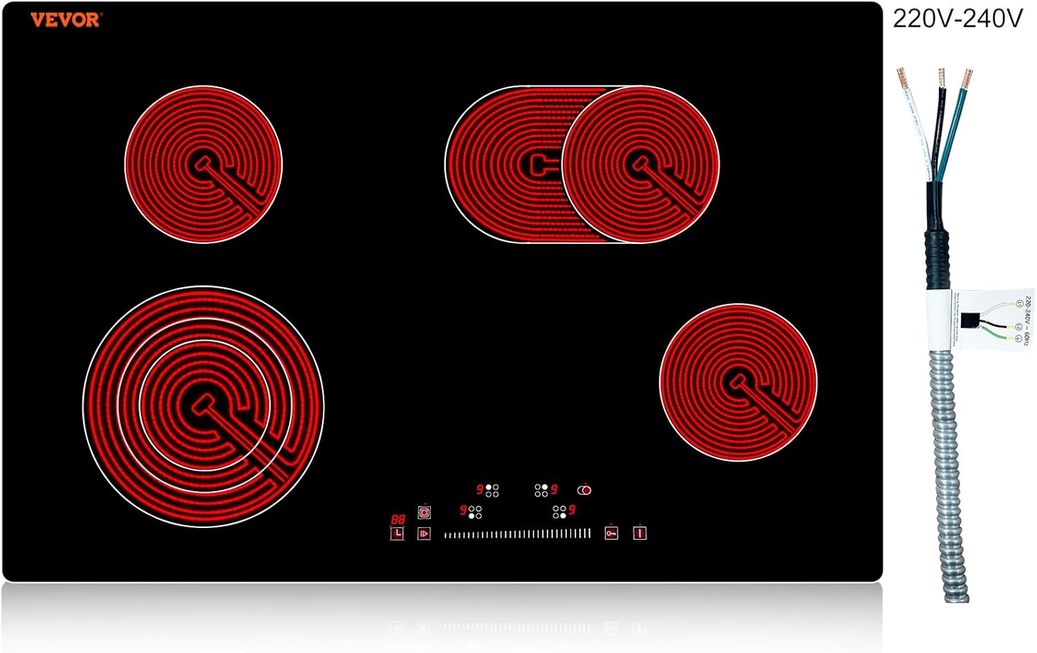 VEVOR Built in Electric Stove Top, 30 inch 4 Burners, 240V Glass Radiant Cooktop with Sensor Touch Control, Timer & Child Lock Included, 9 Power Levels for Simmer Steam Slow Cook Fry