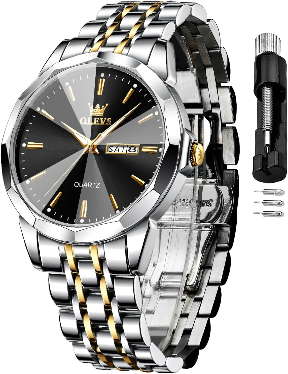 OLEVS Watches for Men Luxury Business Dress Analog Quartz Stainless Steel Waterproof Luminous Male Big Dial Casual Two Tone Wrist Watch with Day Date Calendar