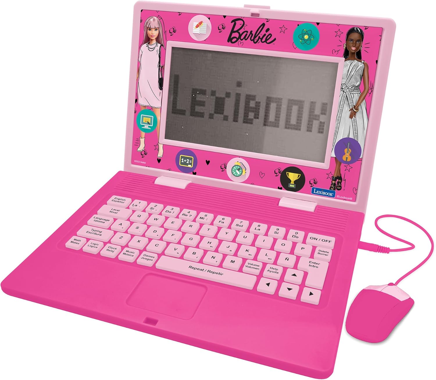 Lexibook, Barbie, Bilingual and Educational Laptop Spanish/English, Toy for Children, 170 Activities to Learn, Play Games and Music, Large Screen, Pink, JC599BBi2