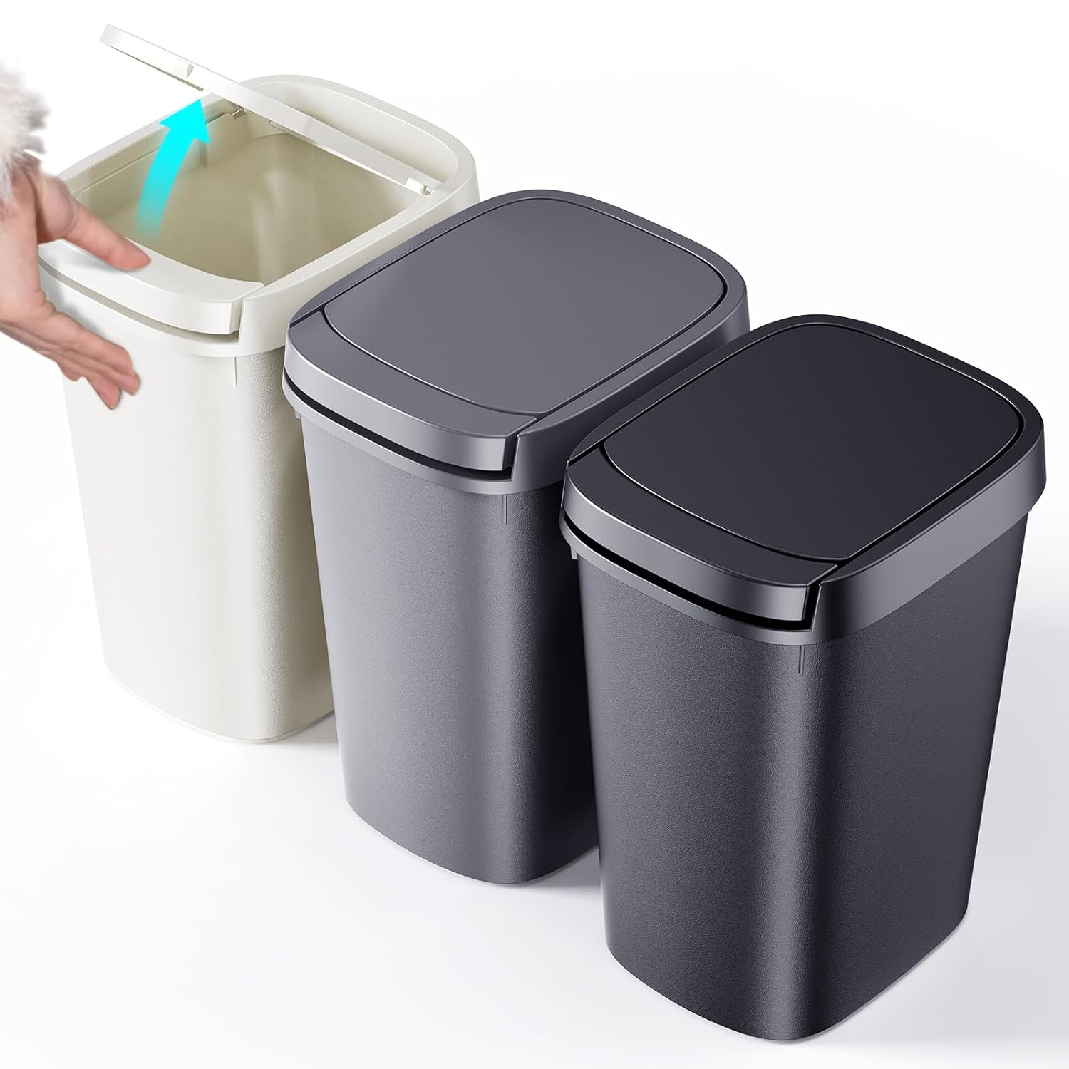 CEROELDA 3 Pack Bathroom Trash Can with Lid, 10L/2.6 Gal Small Garbage Can with Press Top Lid, Slim Plastic Waste Basket for Toilet, Office, Bedroom (Muti 1, 3 Pack)