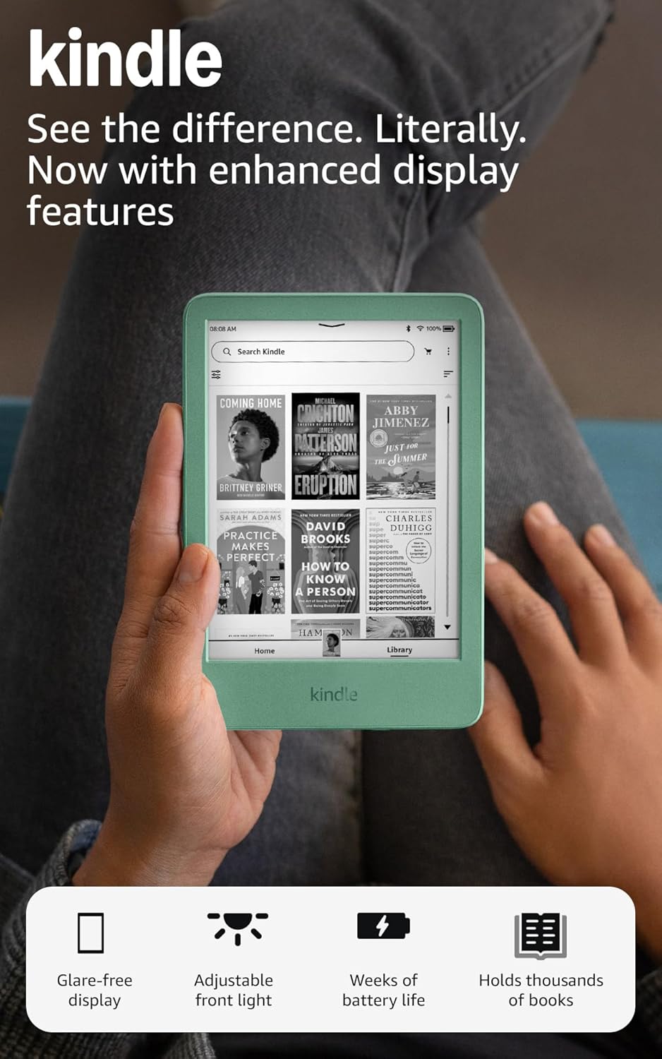 Amazon Kindle 16 GB (newest model) - Lightest and most compact Kindle, now with faster page turns, and higher contrast ratio, for an enhanced reading experience - Without Lockscreen Ads - Matcha