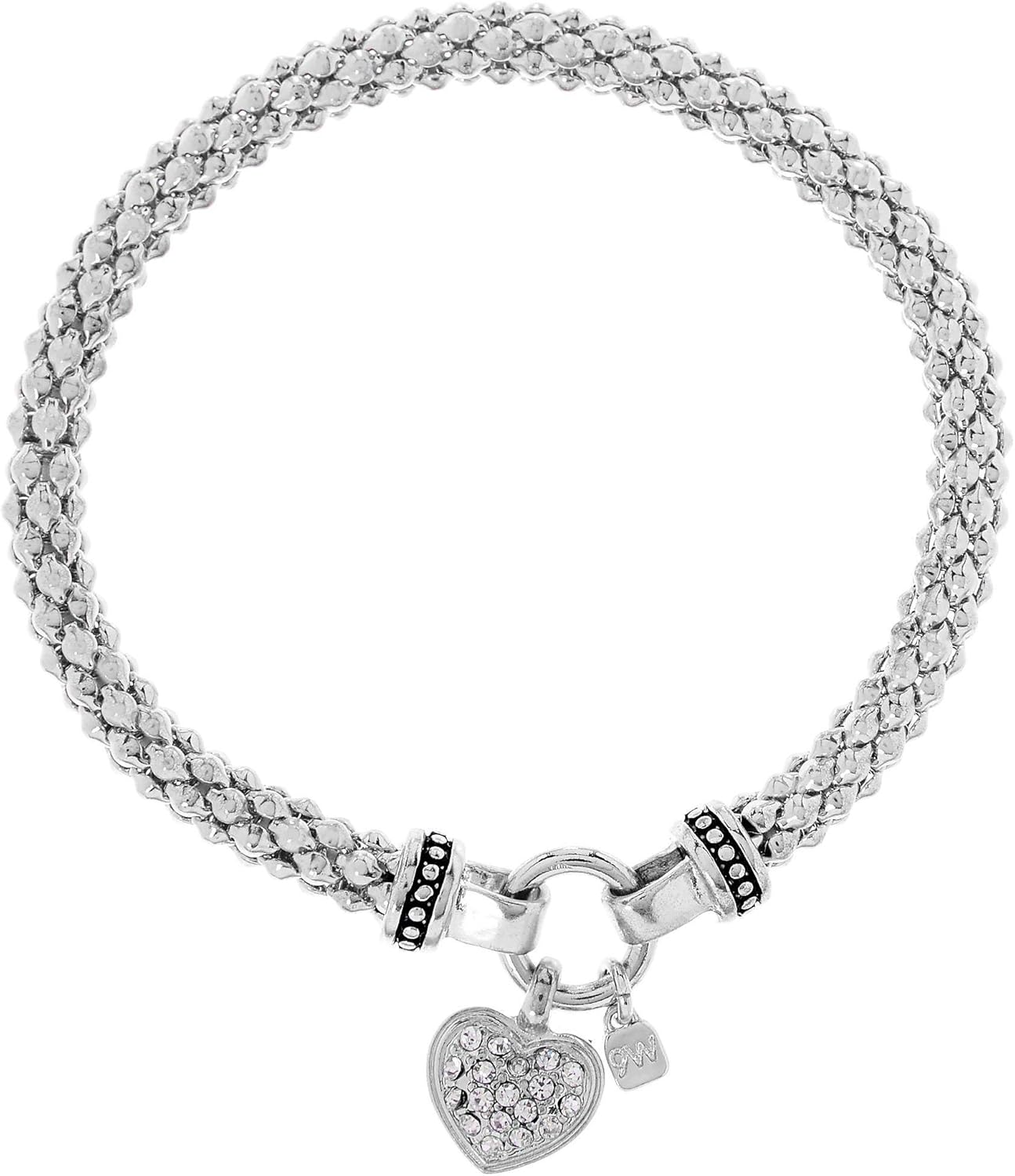 Nine West Women's Crystal Pave Heart Charm Stretch Bracelet Silver Tone