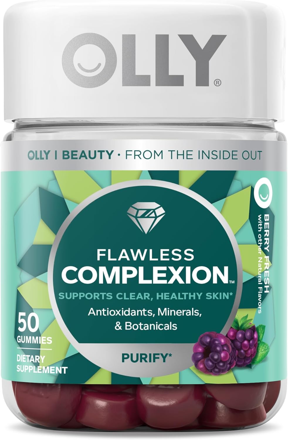 OLLY Flawless Complexion Gummy, Clear and Healthy Skin Support, Vitamins E, A, Zinc, Chewable Supplement, Berry - 50 Count (Pack of 1)