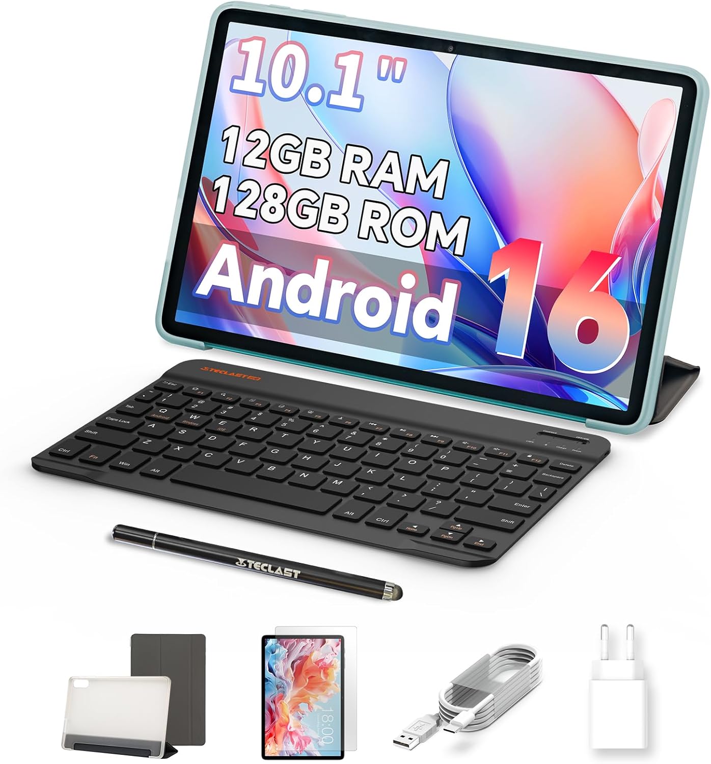 TECLAST P30CASE 10 Inch Tablet Android 16, 12GB RAM+128GB ROM (1 TB TF), Octa-Core, 1280x800 HD IPS, USB-C Tablet with Keyboard/Pen/Case, 6000mAh/Widevine L1/GPS/GMS/WiFi 5