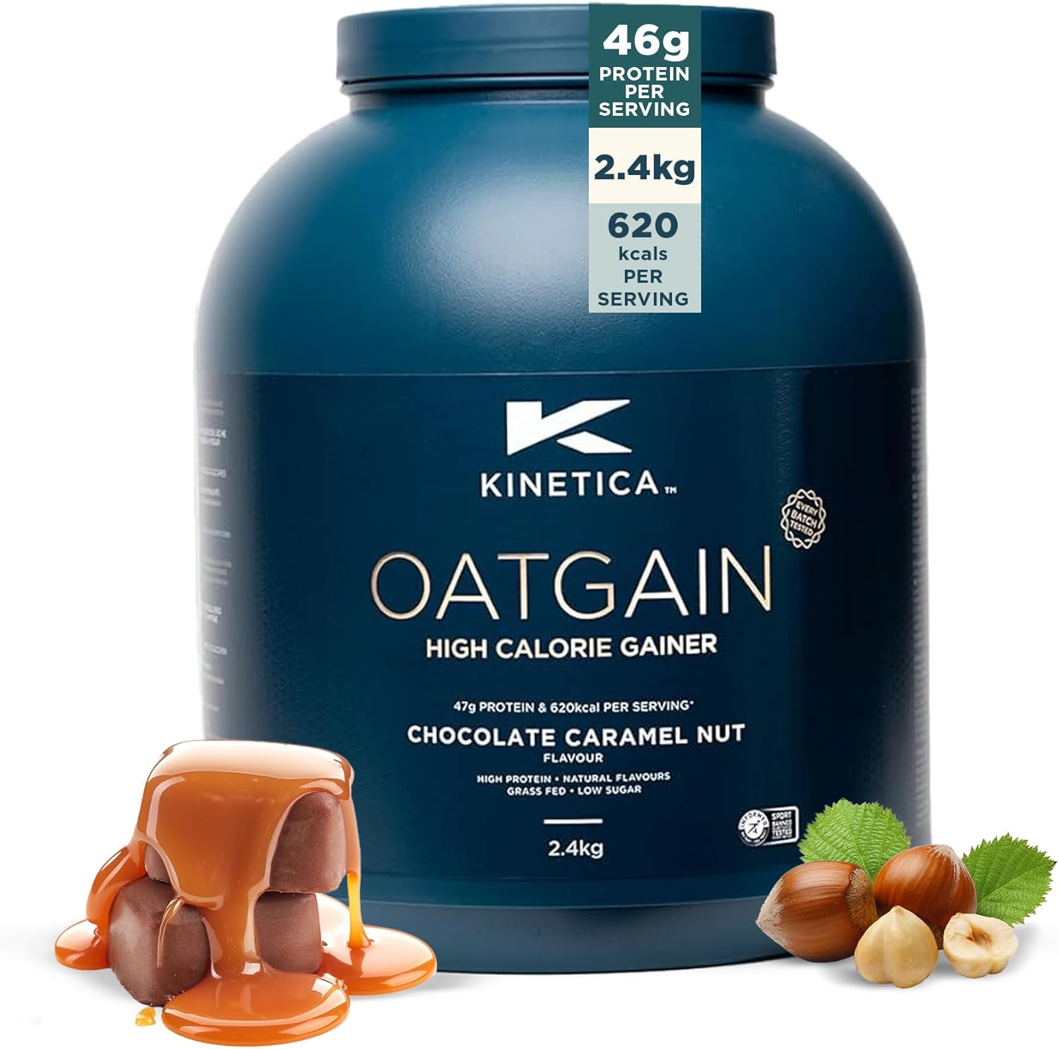 Kinetica Sports OatGain Weight Gainer - Chocolate Caramel Flavour | 620 Cal, 47g Protein & 78g Carbs/Serve, 15 Serving/2.4Kg | Optimum Grass Fed Protein Supplement | High Calorie & Easy Mixability