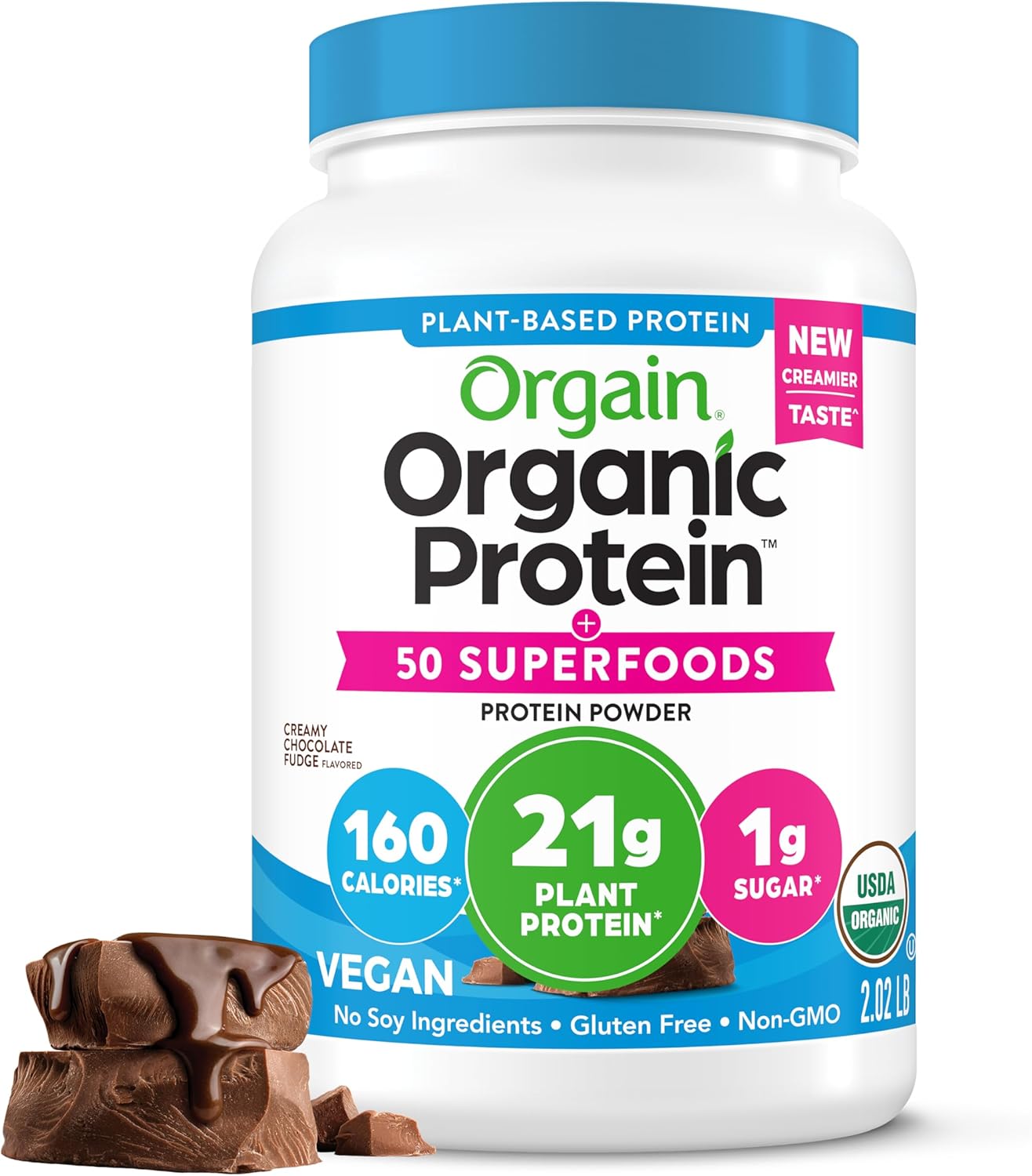 Orgain Organic Vegan Protein Powder + 50 Superfoods, Creamy Chocolate Fudge - 21g Plant Based Protein, Gluten Free, Dairy Free, Lactose Free, Soy Free, No Sugar Added, Kosher, B Vitamins - 2.02lb