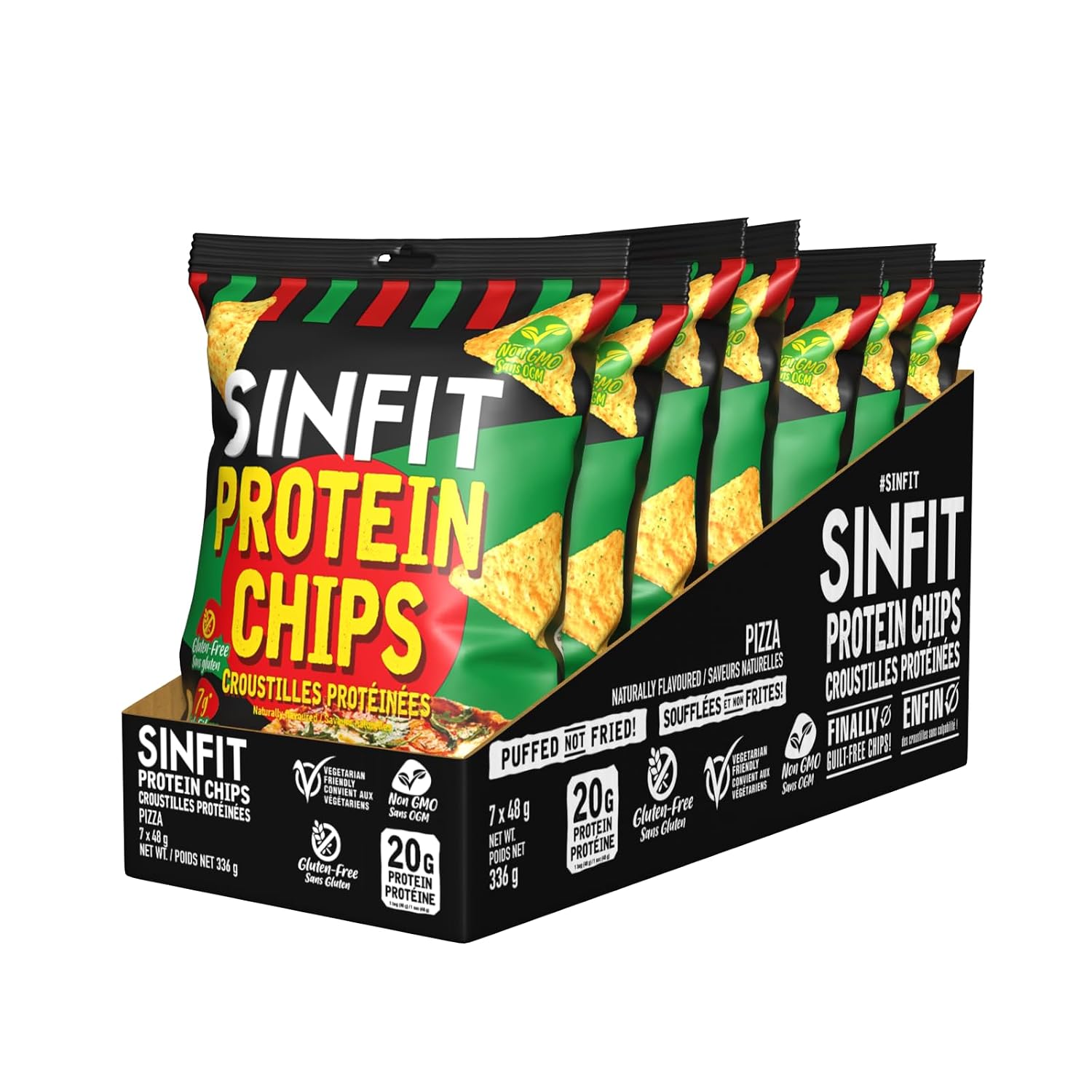 SinFit Protein Chips, 20g Protein/Bag, 50g-Bag, High Fiber, Low Carb, Gluten Free,7/box (7 Bags, Pizza)