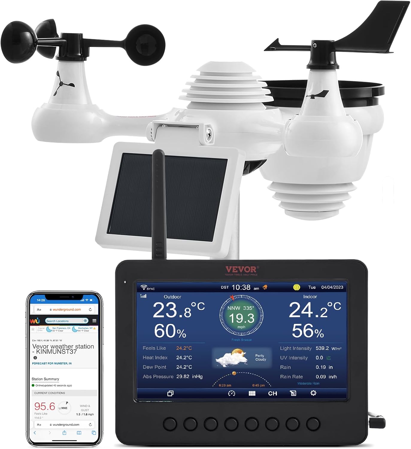 VEVOR 7-in-1 Wi-Fi Weather Station, 7" TFT Color Display, Wireless Weather Station with Solar-Powered Sensor, Indoor Outdoor Monitoring for Temperature, Humidity, Wind Speed Direction, and Rainfall