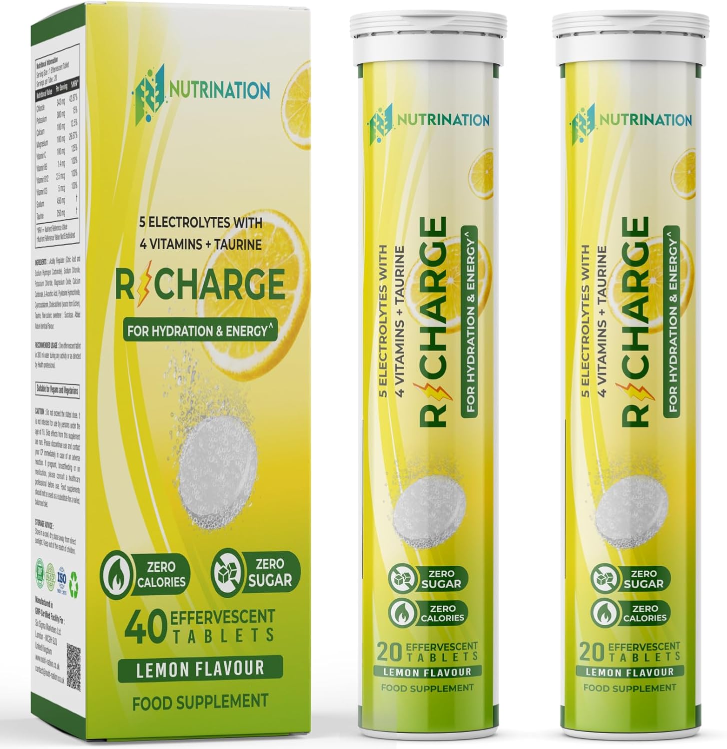 Electrolytes Hydration Tablets | 40 Effervescent Rehydration Tablets | 5 High Strength Electrolytes with Added Vitamin B6, B12, C & D | 250mg Taurine for Energy, Lemon Flavour