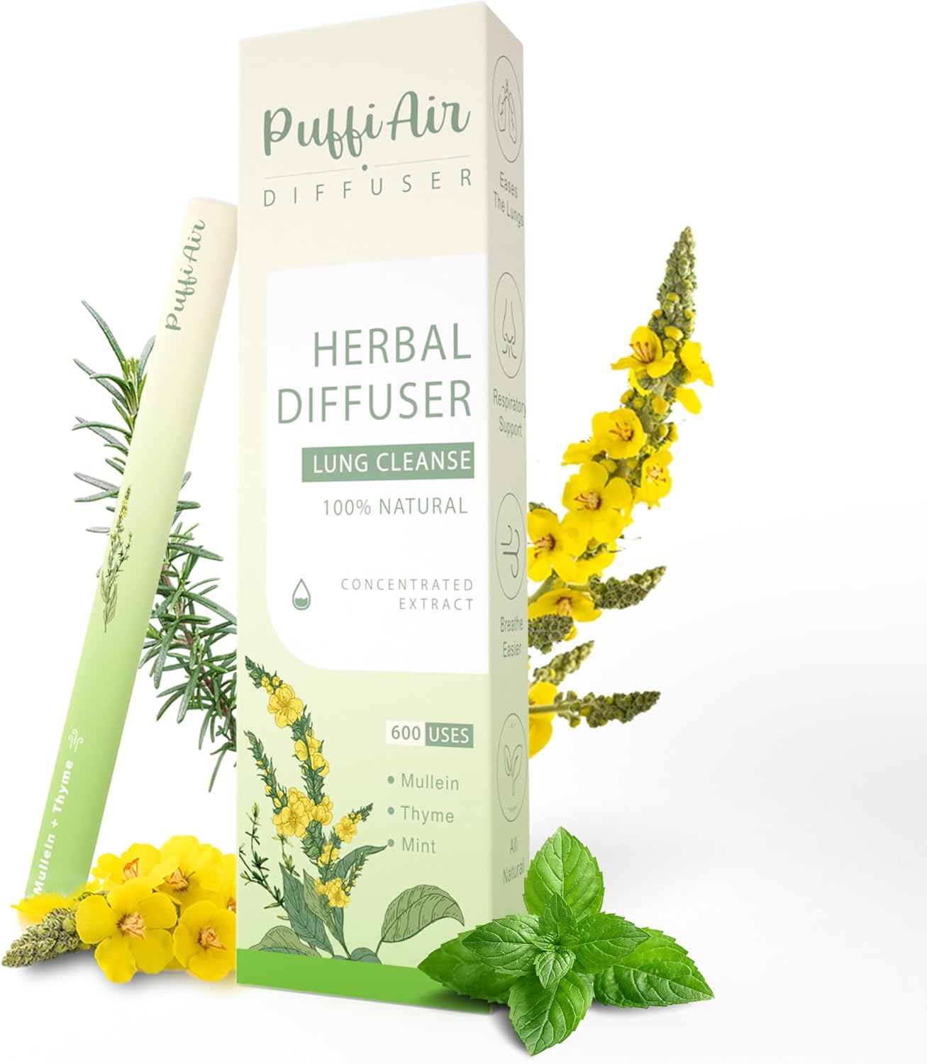 Herbal Diffuser Pen with Extracts of Mullein, Thyme and Mint for Lung Cleansing, Breathing Improvement, Oral Air Freshening and Quitting Bad Habit - 600 Uses
