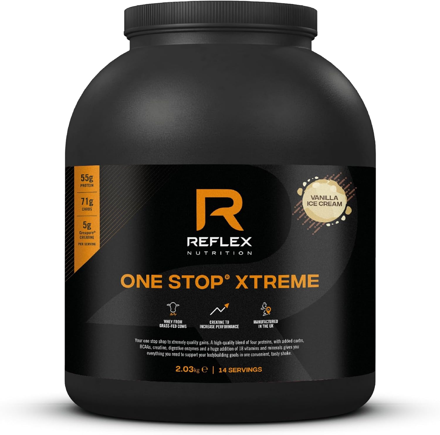 Reflex Nutrition One Stop® Xtreme - Serious Mass Gainer - All in One Protein Powder - 55g Protein, 10.3g BCAAs, 5,000mg Creatine - Muscle Building Protein Shake (Vanilla Ice Cream, 2.03kg)