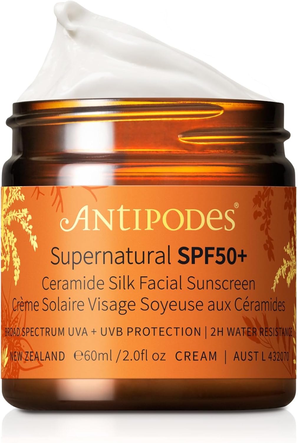 Antipodes Supernatural SPF50+ Ceramide Silk Facial Sunscreen – Natural Zinc Sun Cream UVA & UVB – Mineral SPF50+ for Face with Ceramides – All Skin Types – 60ml