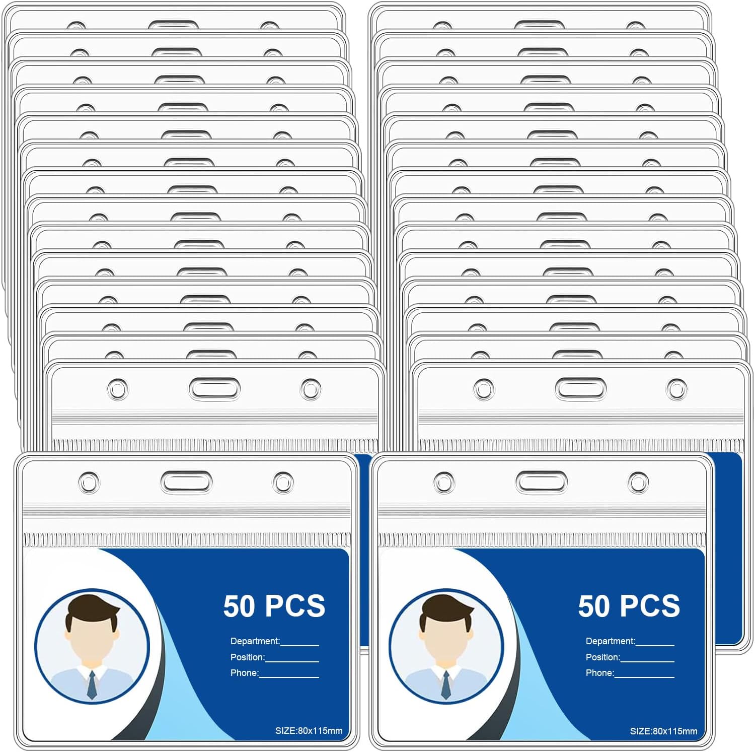 50pcs Plastic Card Holder for Lanyard, Horizontal Clear ID Card Holders, Waterproof Name Tag ID Badge Holders for Multiple Cards