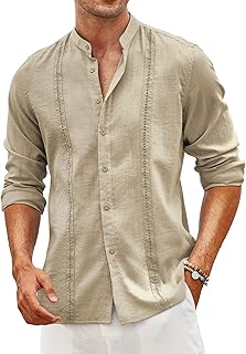 COOFANDY Men's Cuban Guayabera Shirts Casual Long Sleeve Button Down Shirts Band Collar Linen Summer Beach Shirts