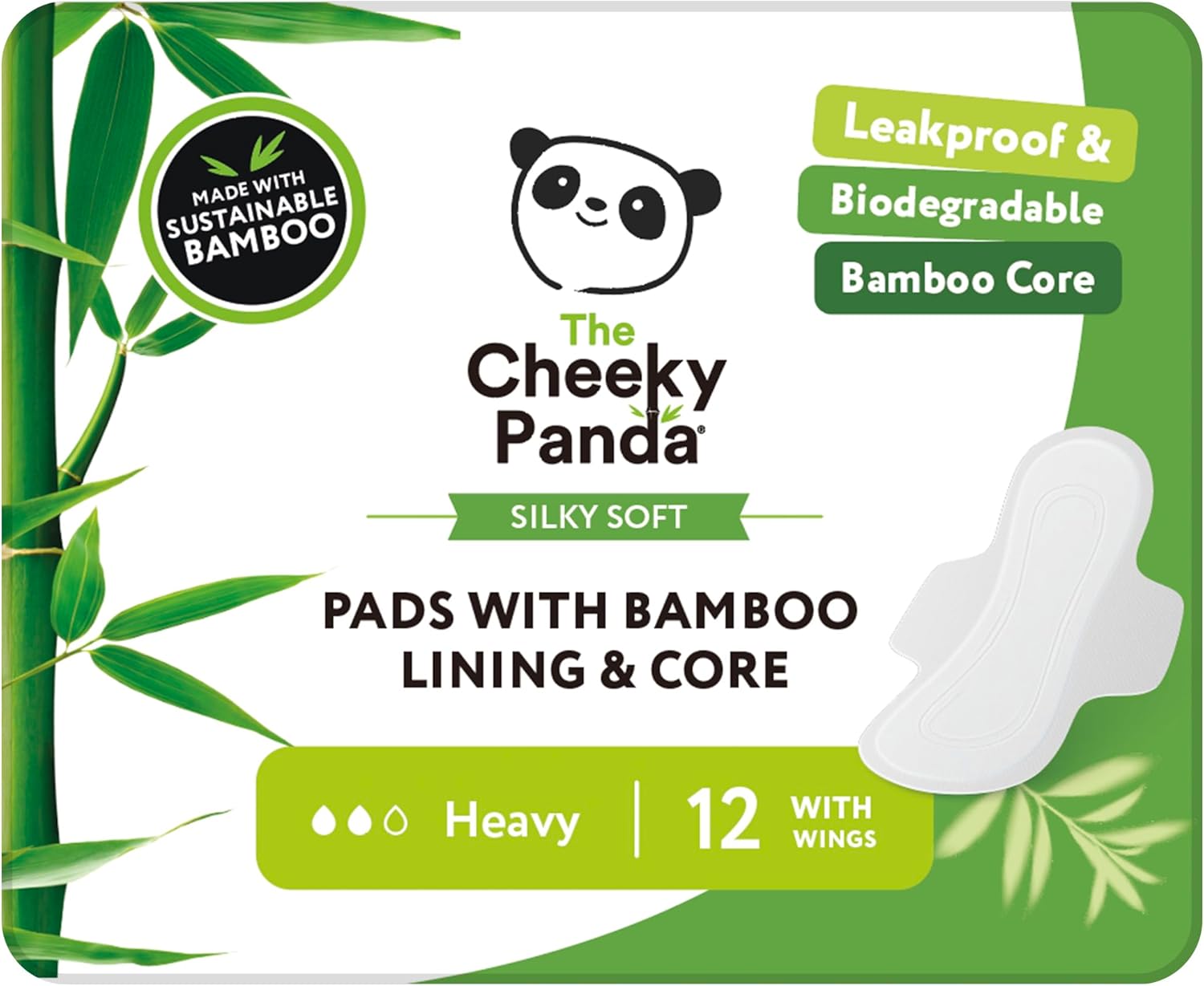 The Cheeky Panda Organic Sanitary Towels for Women – Heavy Flow – 12 Organic Pads Per Pack - with Bamboo Pads and Core