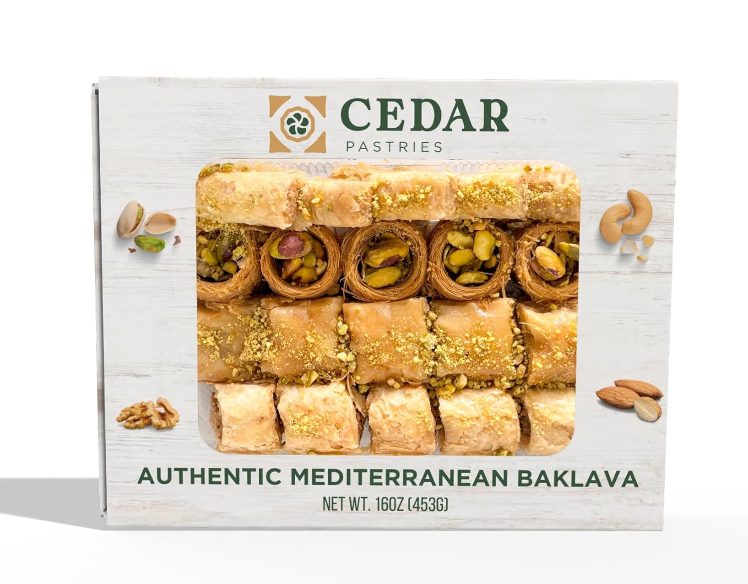Cedar Pastries 19pc Pistachio, Cashew, & Walnut Baklava Assortment - Kosher & Halal Certified - Small Box
