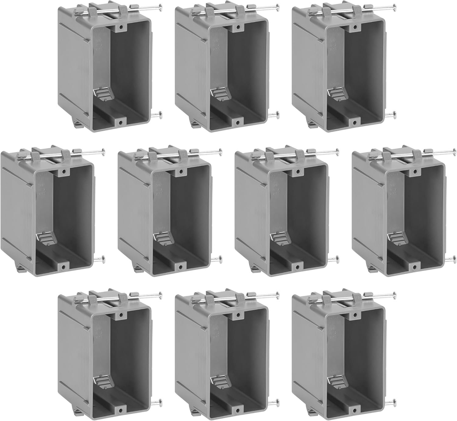 Maxxima 1 Gang 18 cu. in. PVC New Construction Electrical Switch and Outlet Junction Box, New Work Non-Metallic Electrical J-Box w/Nail, ETL Listed, 2 Hour Fire Rating, Gray, 10-Pack