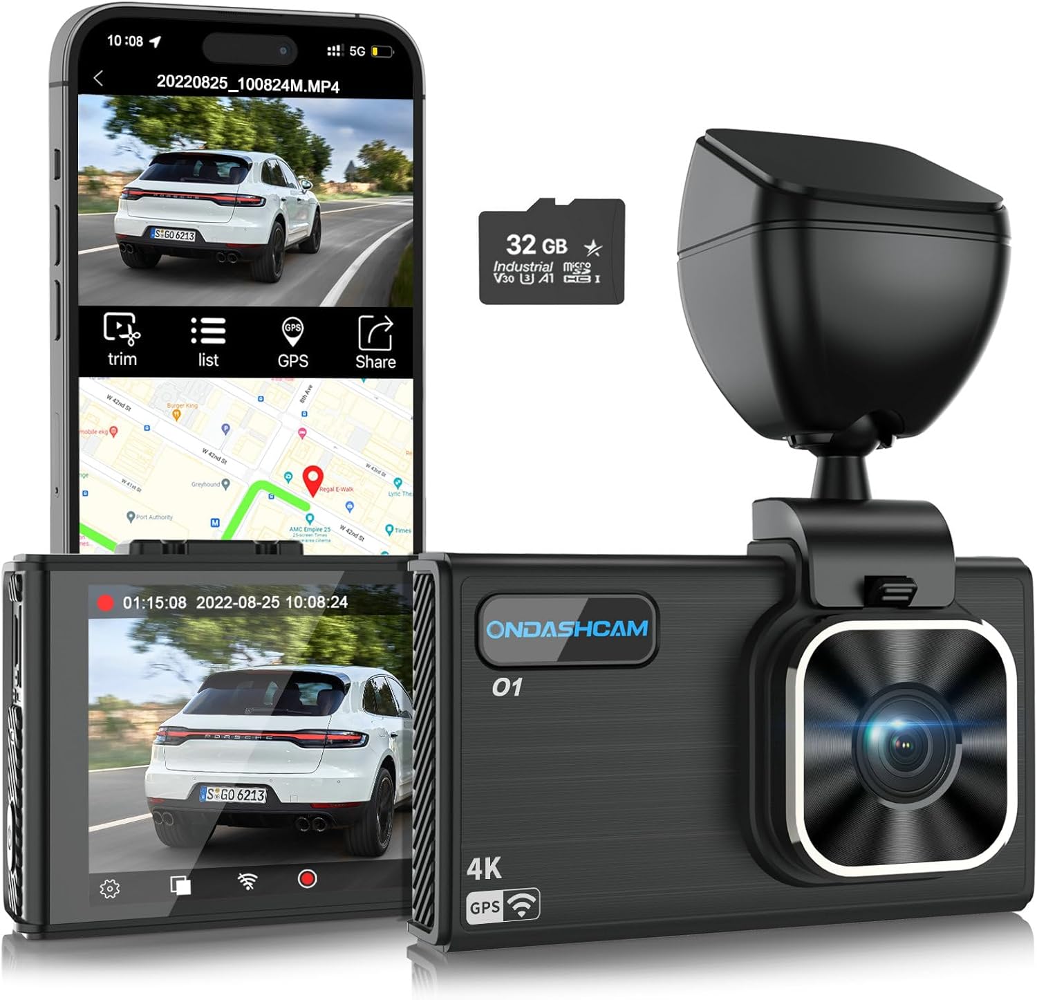 ONDASHCAM O1 4K Dash Cam with Built-in WiFi GPS, 2160P UHD Dash Camera for Cars, 3.5" LCD Dashcam for Cars with 32GB Card, 170° Wide Angle, WDR, Night Vision, G-Sensor, Parking Mode, Support 512GB Max