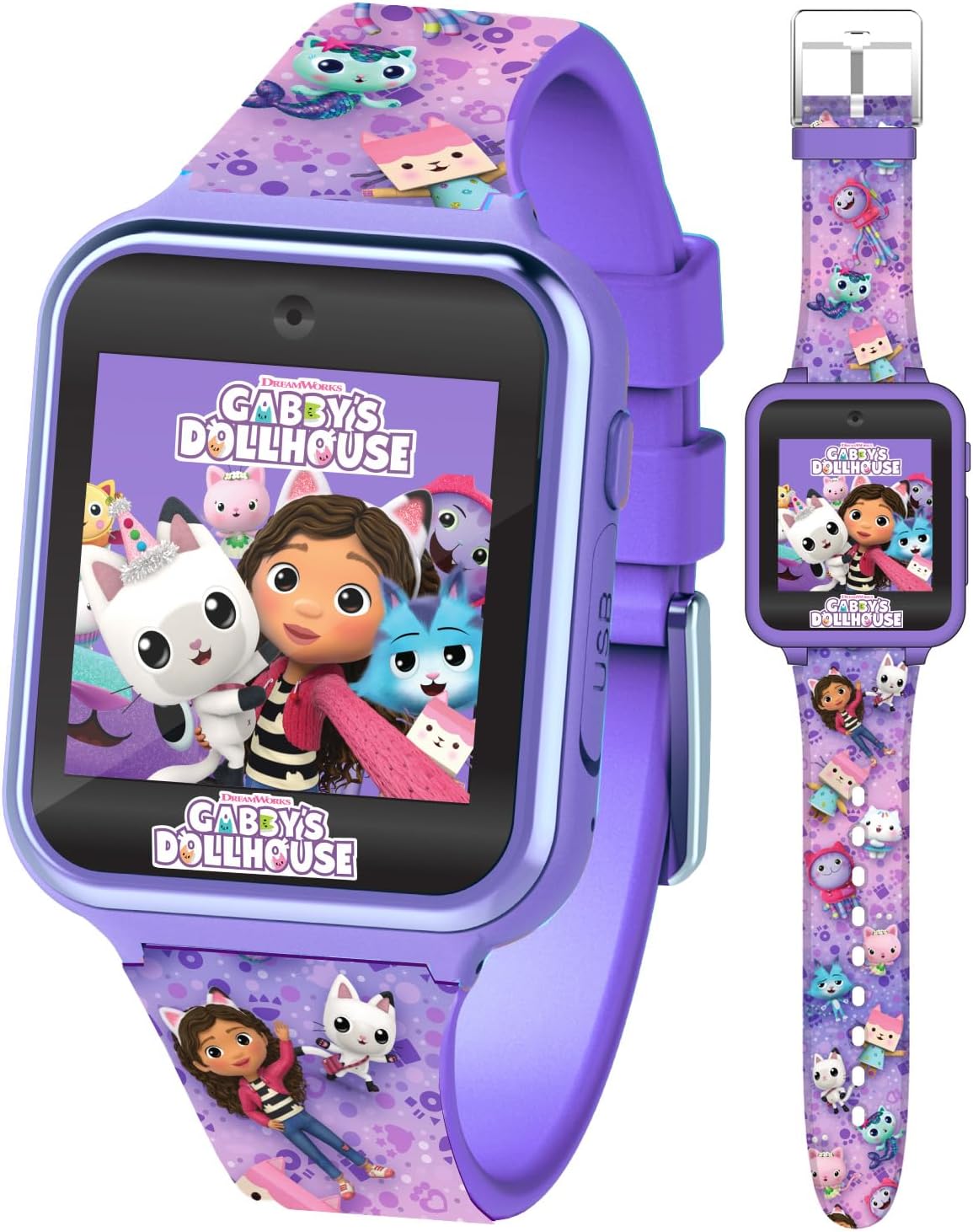 Accutime Gabby's Dollhouse GAB4007 Kids Smart Watch Selfie Camera Photo Video Stopwatch 6 Games 3 Backgrounds 10 Dials Dictaphone Fitness Tracker Watch Alarm Clock Purple, Lilac, 40 Millimeter, Modern