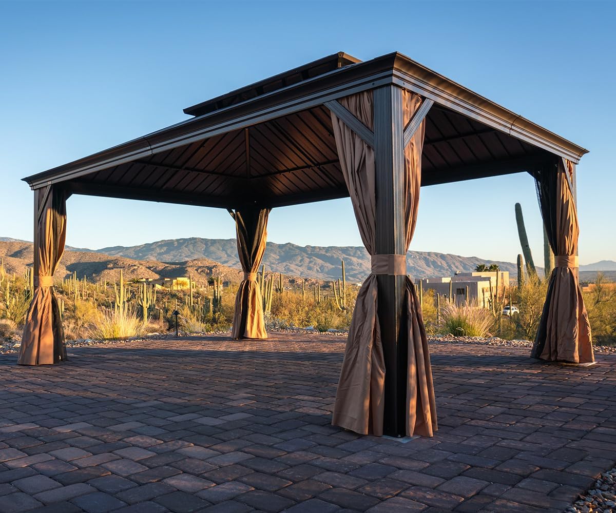 PURPLE LEAF 12' X 16' Outdoor Hardtop Galvanized Steel Double Roof Permanent Gazebo Canopy Aluminum Frame Patio Garden Gazebo with Curtains and Netting
